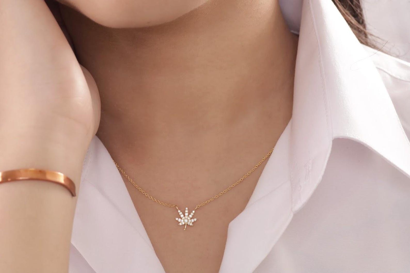 Diamond Marijuana Leaf Necklace, Cannabis Leaf Necklace, Weed Pendant Necklace, Layering Necklace Gift for Her