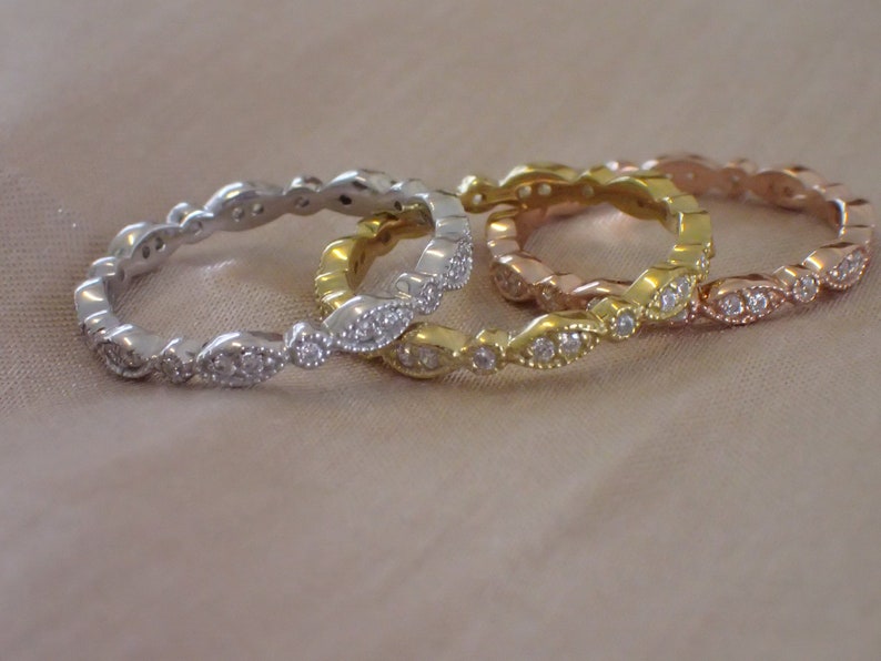 Marquise Wedding Band / Diamond Art Deco Milgrain Band / Thin Dainty Stackable Band / Vintage Wedding Band