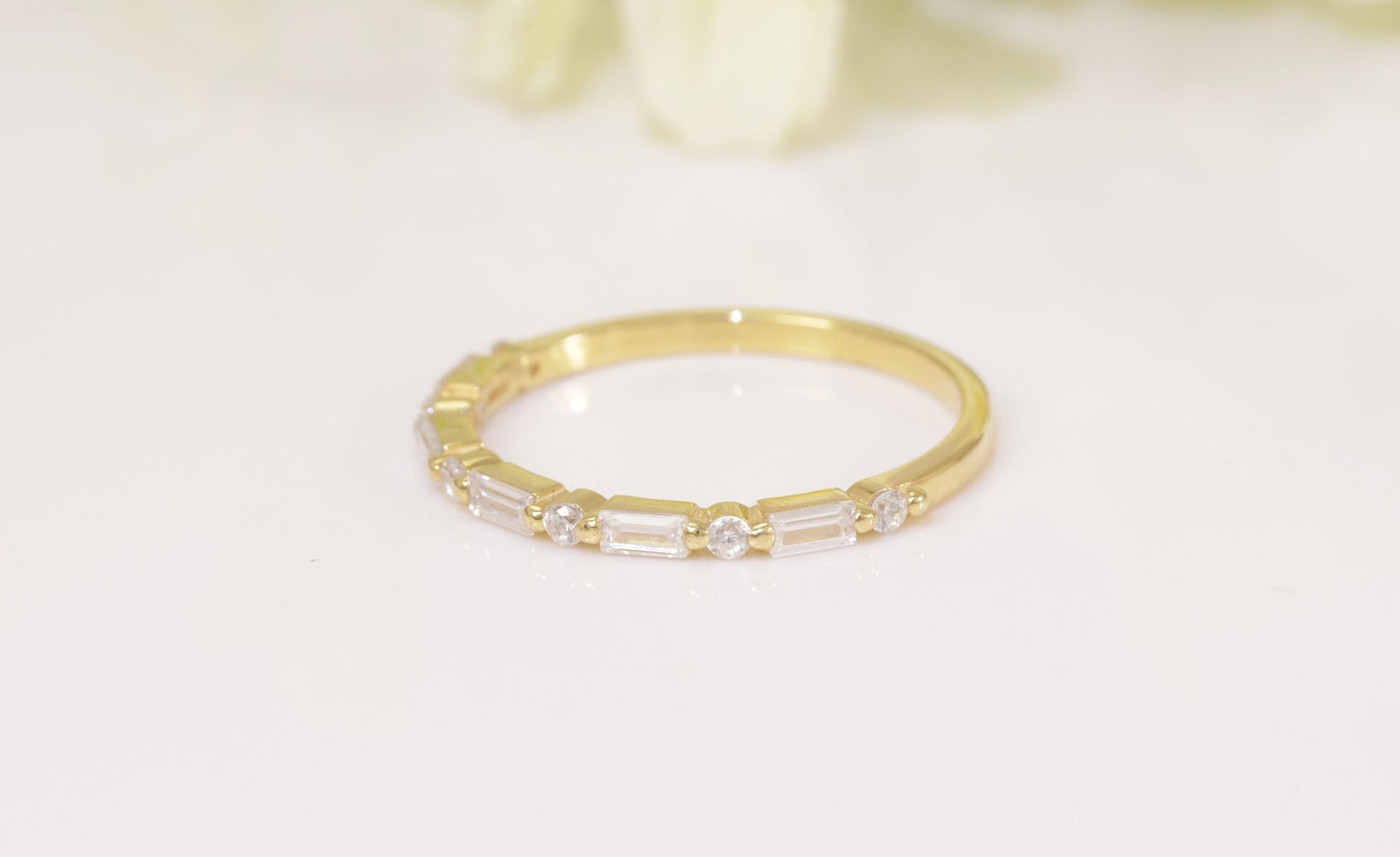 Baguette Moissanite Wedding Ring, Alternating Baguette and Round Moissanite Ring, Half Eternity Ring, Vintage Wedding Band
