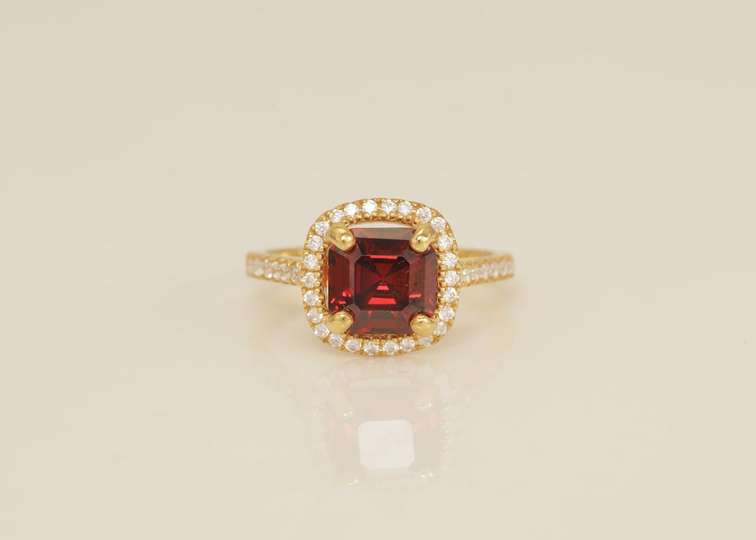 3.0 CT Asscher Cut Garnet Engagement Ring, Diamond Halo Garnet Ring, January Birthstone Ring, Anniversary Ring Gift for Her