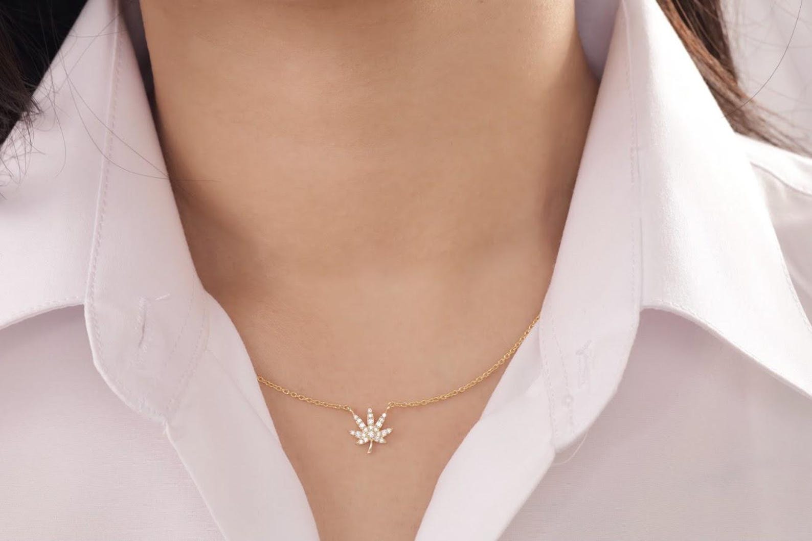 Diamond Marijuana Leaf Necklace, Cannabis Leaf Necklace, Weed Pendant Necklace, Layering Necklace Gift for Her