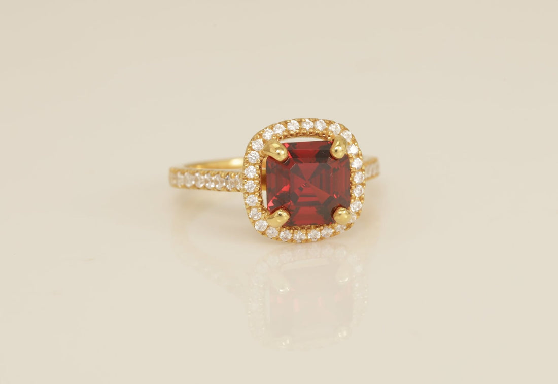 3.0 CT Asscher Cut Garnet Engagement Ring, Diamond Halo Garnet Ring, January Birthstone Ring, Anniversary Ring Gift for Her