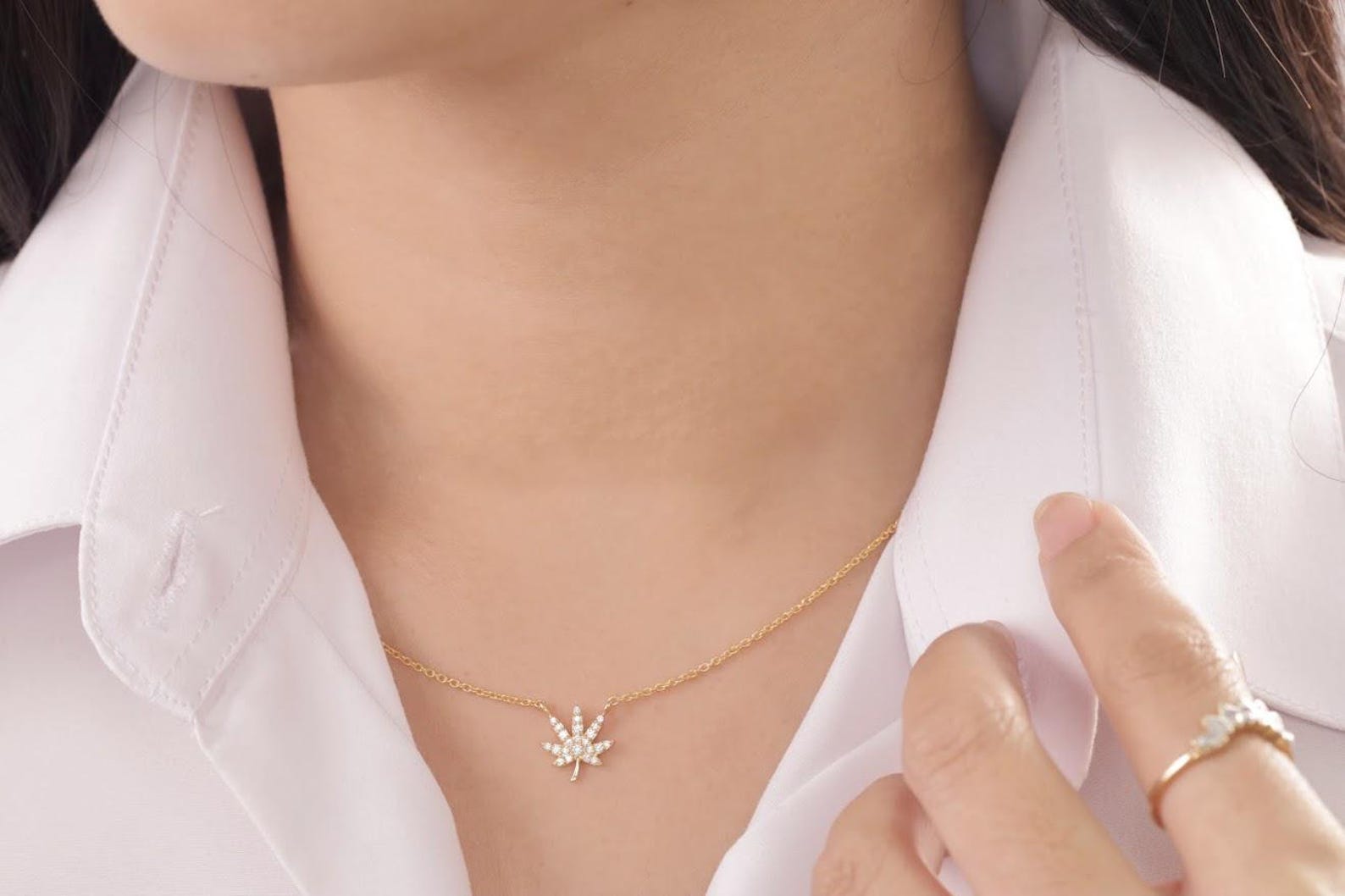 Diamond Marijuana Leaf Necklace, Cannabis Leaf Necklace, Weed Pendant Necklace, Layering Necklace Gift for Her