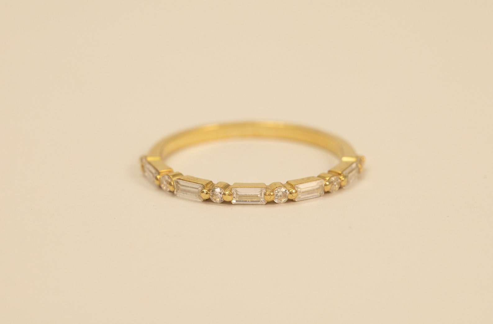 Baguette Moissanite Wedding Ring, Alternating Baguette and Round Moissanite Ring, Half Eternity Ring, Vintage Wedding Band