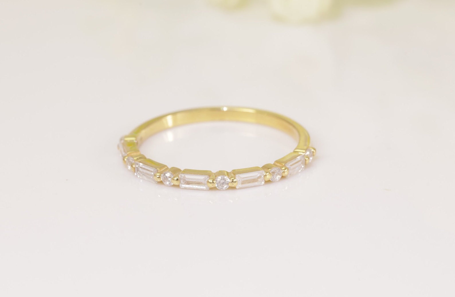 Baguette Moissanite Wedding Ring, Alternating Baguette and Round Moissanite Ring, Half Eternity Ring, Vintage Wedding Band