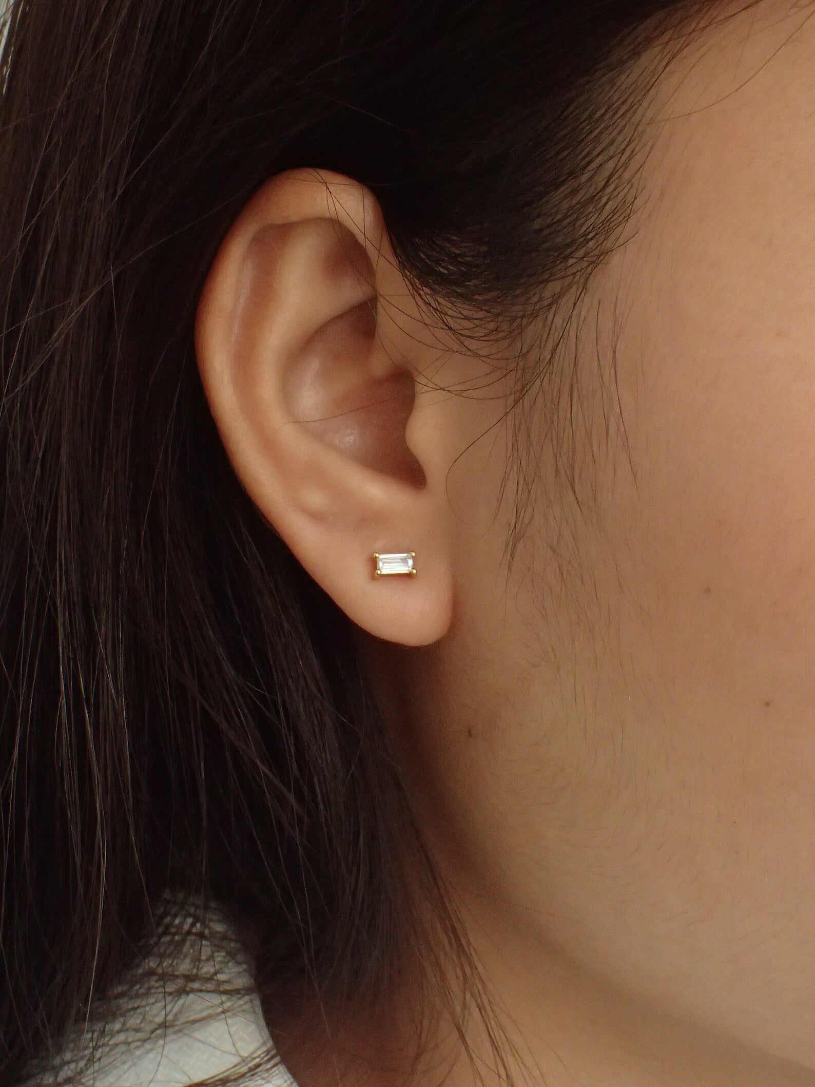Moissanite Stud Earrings / Minimal Dainty Earrings / Bridesmaid Gift / Rectangular Post Earrings / Cartilage Earrings