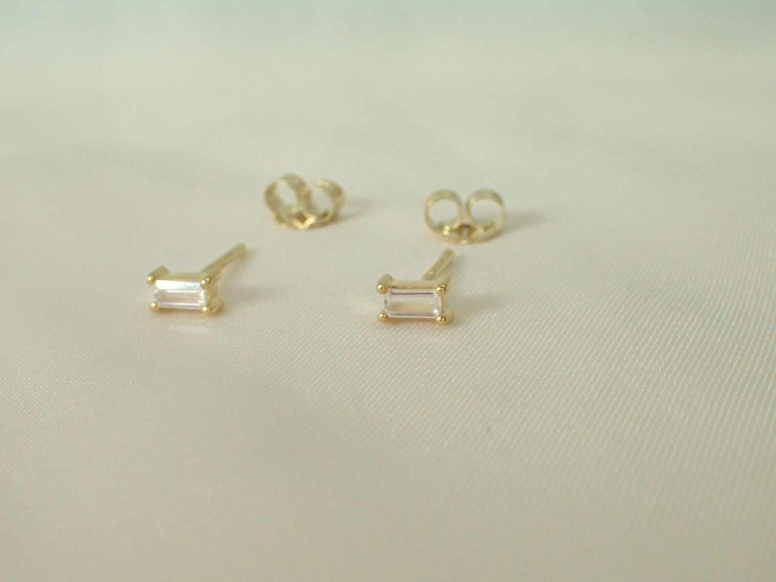 Moissanite Stud Earrings / Minimal Dainty Earrings / Bridesmaid Gift / Rectangular Post Earrings / Cartilage Earrings