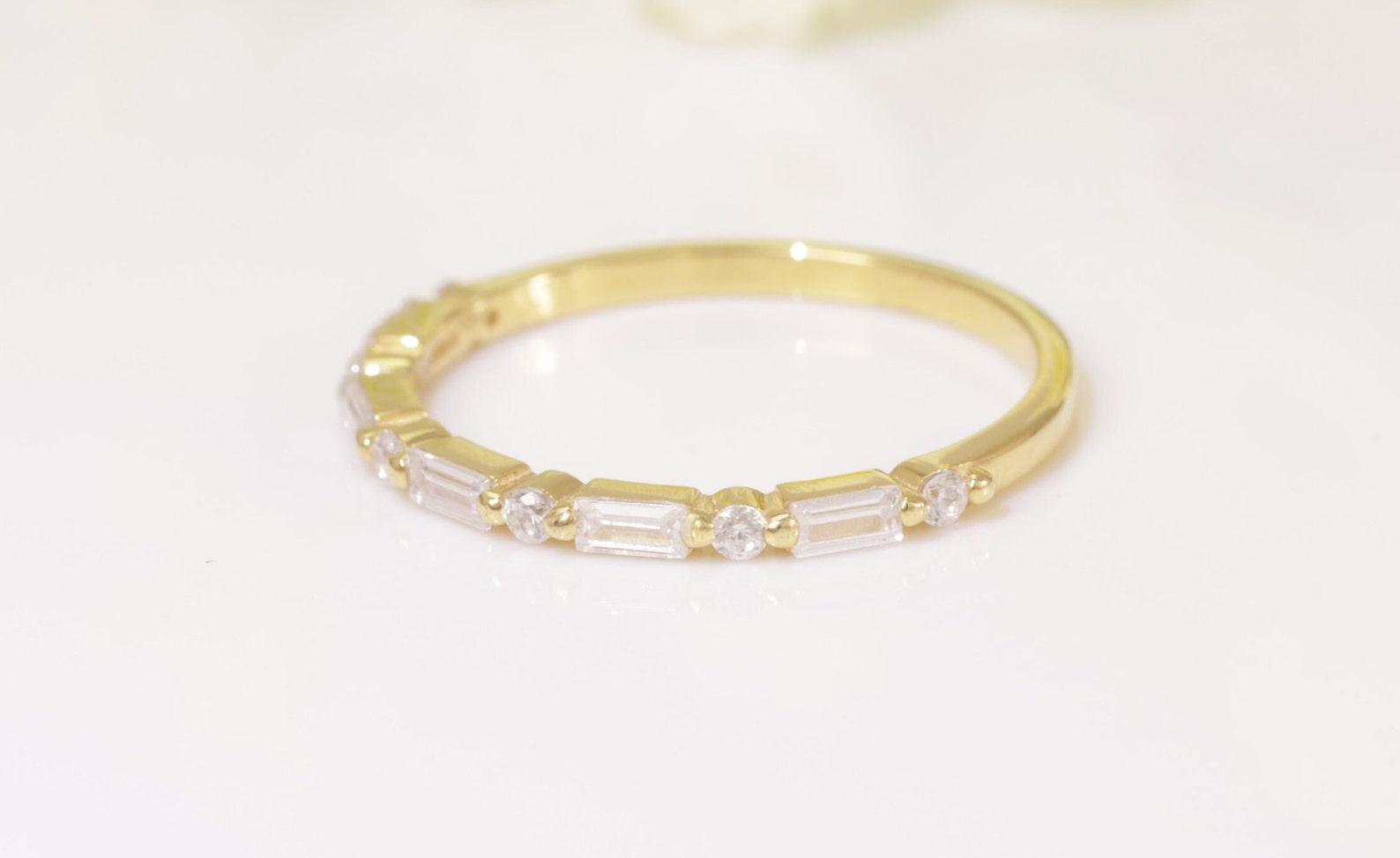 Baguette Moissanite Wedding Ring, Alternating Baguette and Round Moissanite Ring, Half Eternity Ring, Vintage Wedding Band