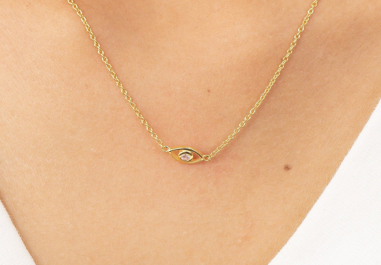 Pink Sapphire Evil Eye Necklace, Good Luck Necklace, September Birthstones Gift, Protection Necklace, Layering Necklace Gift for Her