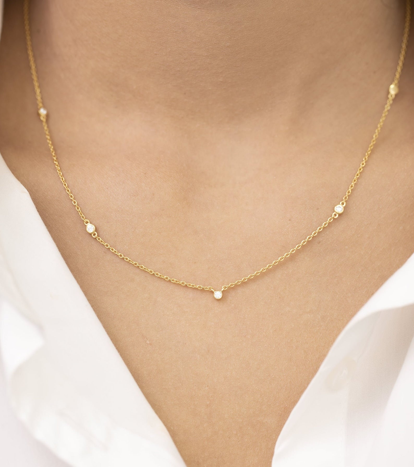 Diamond by the Yard Necklace, 5 Station Bezel Set Necklace, Diamond Wedding Necklace, Layering Necklace