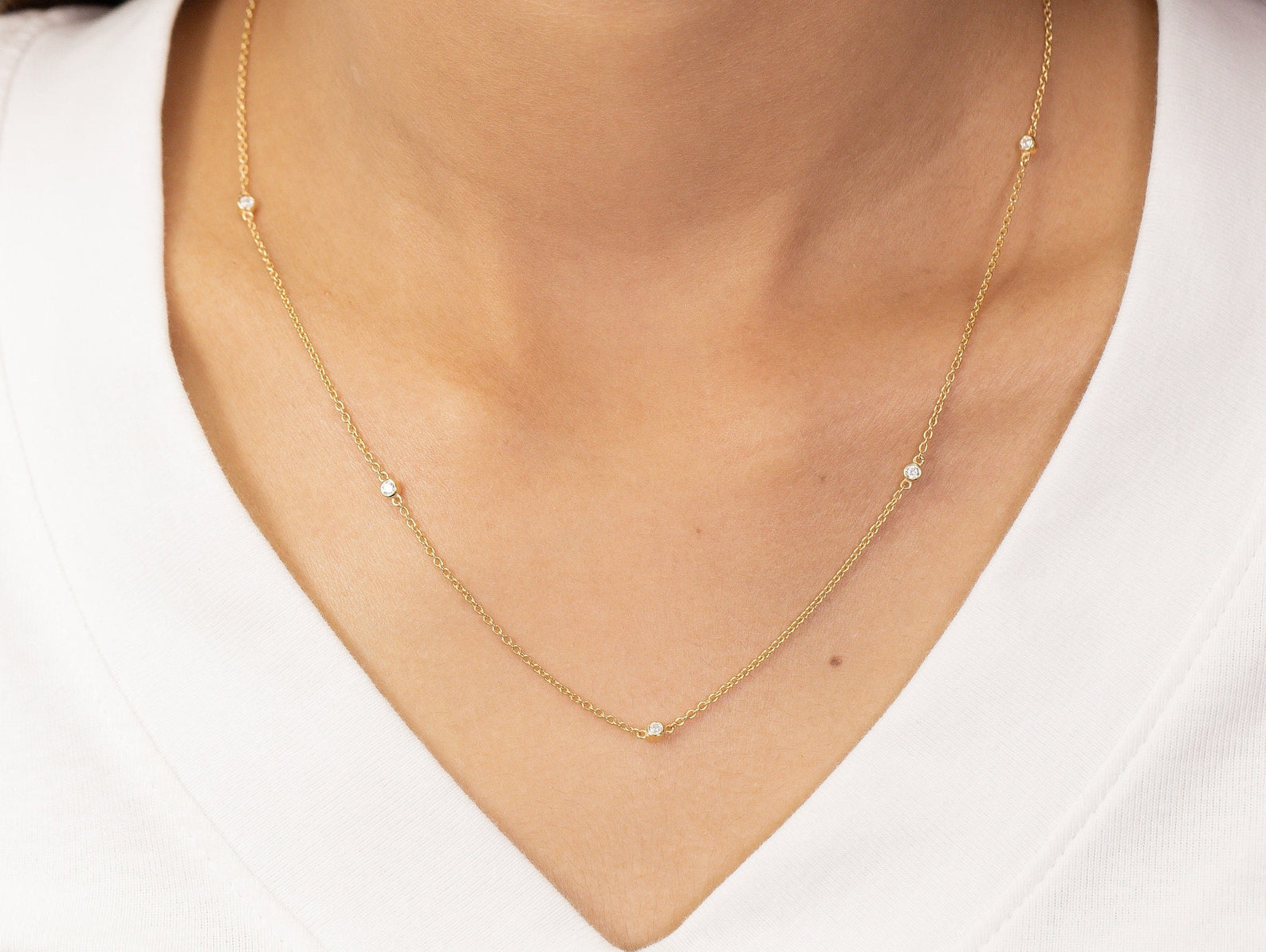 Diamond by the Yard Necklace, 5 Station Bezel Set Necklace, Diamond Wedding Necklace, Layering Necklace