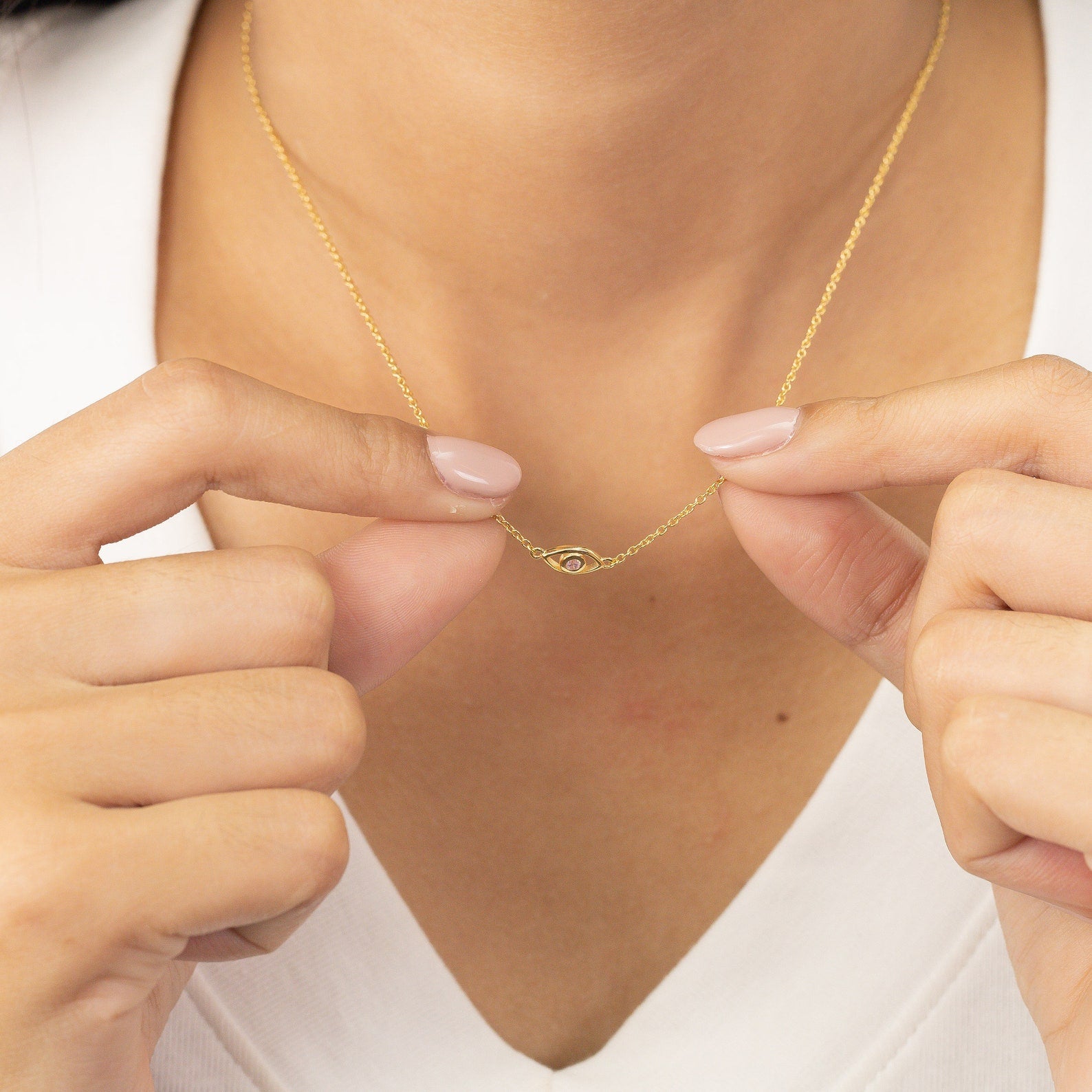 Pink Sapphire Evil Eye Necklace, Good Luck Necklace, September Birthstones Gift, Protection Necklace, Layering Necklace Gift for Her