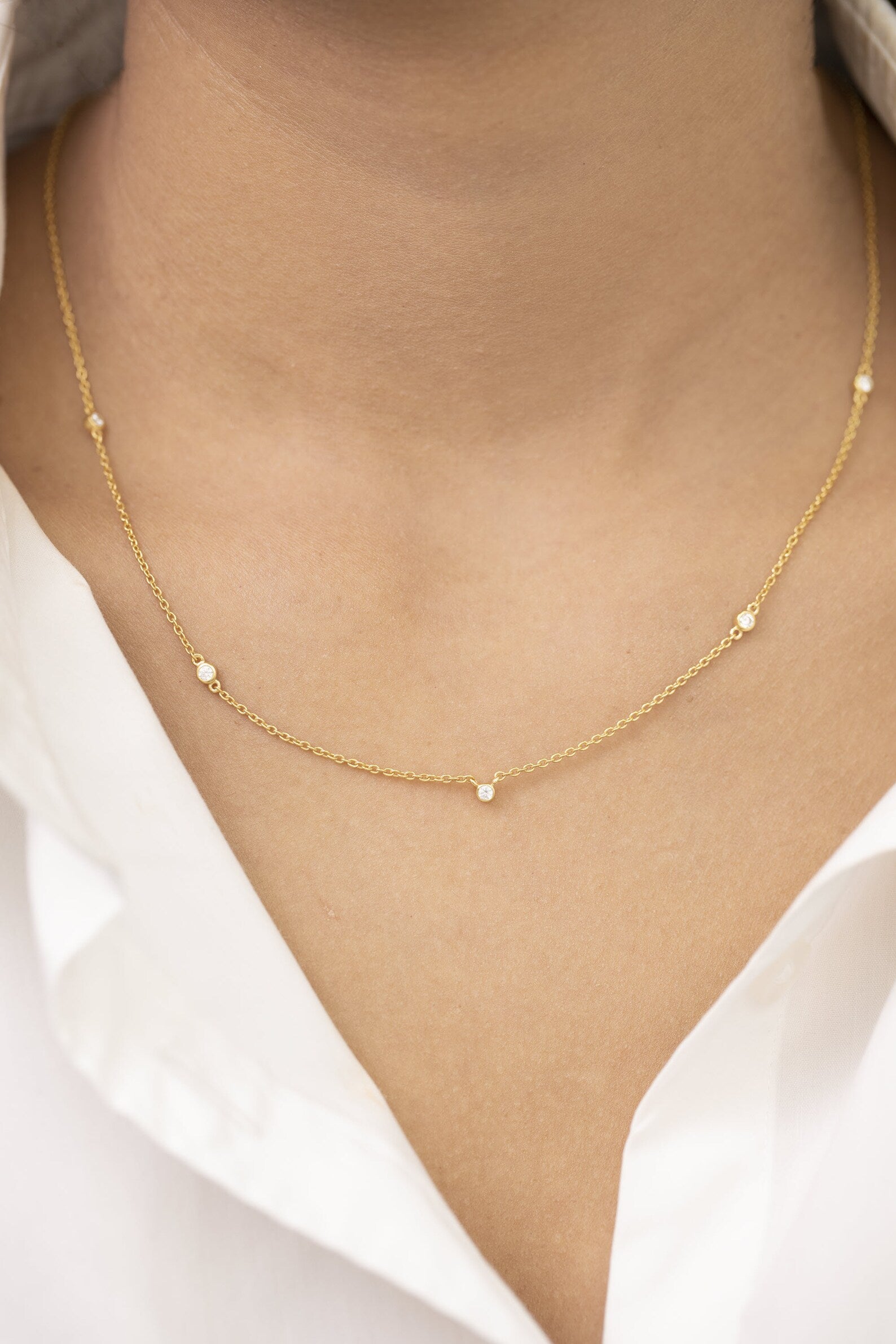 Diamond by the Yard Necklace, 5 Station Bezel Set Necklace, Diamond Wedding Necklace, Layering Necklace