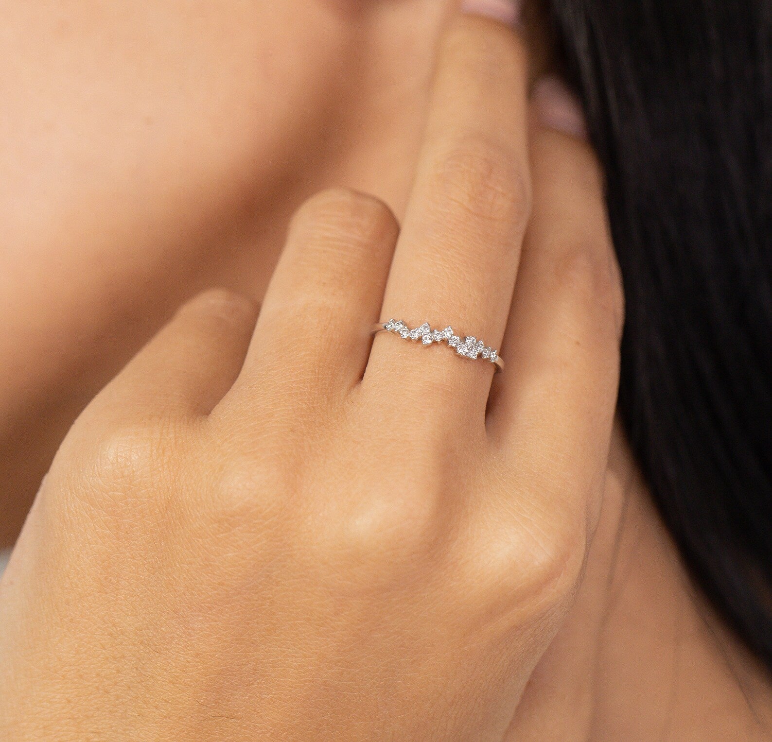 Cluster Moissanite Wedding Ring, Unique Moissanite Stackable Ring, Minimalist Moissanite Ring, Moissanite Bubble Band Gift for Her