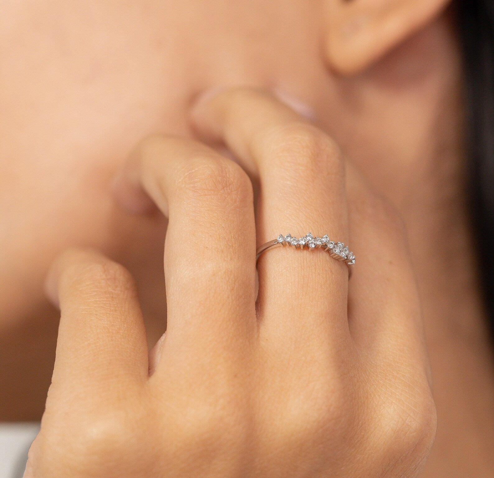 Cluster Moissanite Wedding Ring, Unique Moissanite Stackable Ring, Minimalist Moissanite Ring, Moissanite Bubble Band Gift for Her