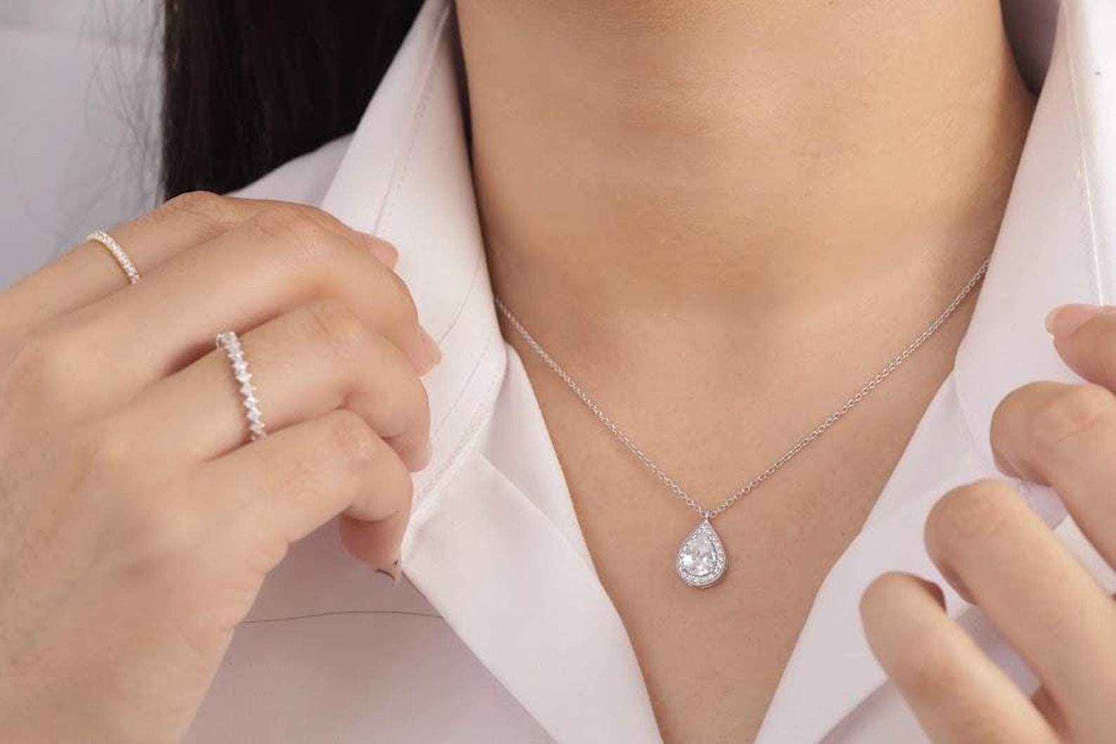 Tear Drop Diamond Necklace, Diamond Halo Pear Necklace, Wedding Necklace Gift, Everyday Necklace, Bridesmaid Gift