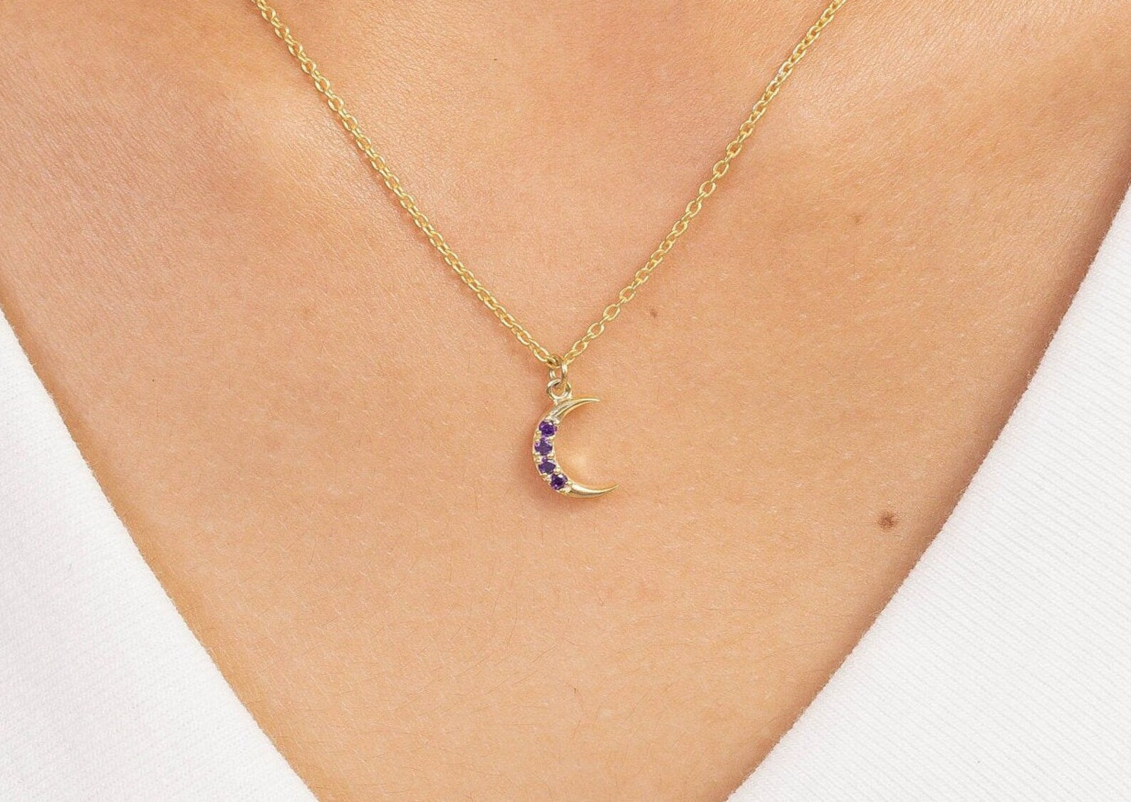 Crescent Moon Amethyst Necklace, February Birthstone Necklace, Unique Necklace Gift for Women, Crescent Charm