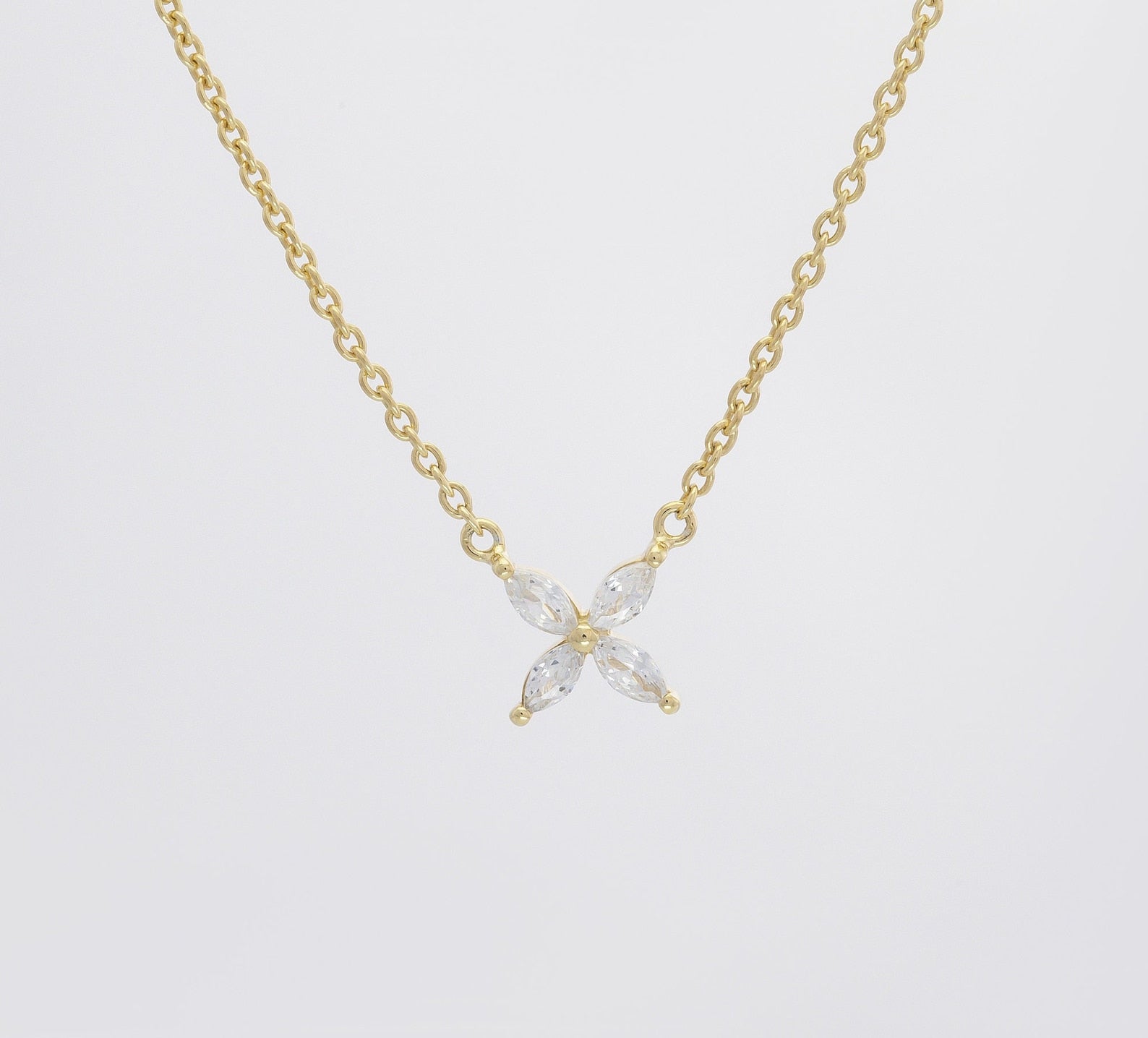 Marquise Cut Moissanite Flower Necklace, Sterling Silver Dainty Flower Pendant, Adjustable Layering Necklace, Minimalist Bridal Necklace