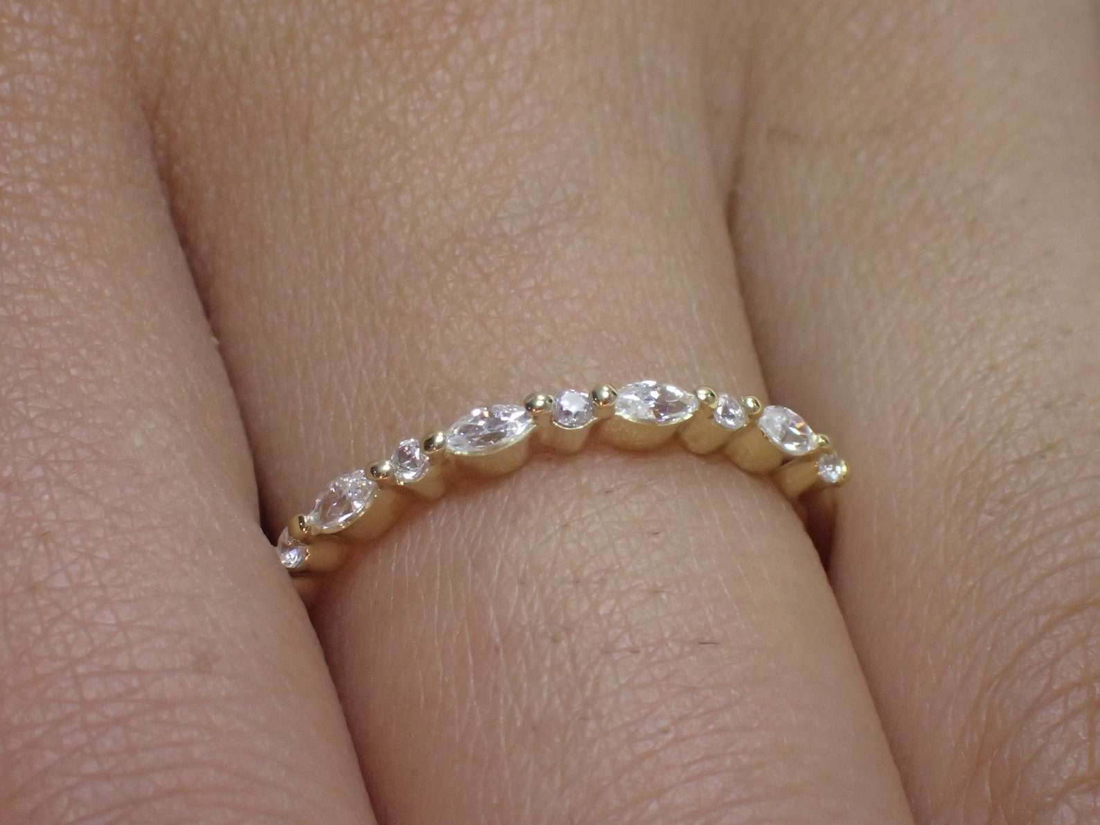 Vintage Moissanite Wedding Band, Marquise Cut Half Eternity Stacking Ring, Art Deco Moissanite Wedding Ring, Delicate Marquise Ring