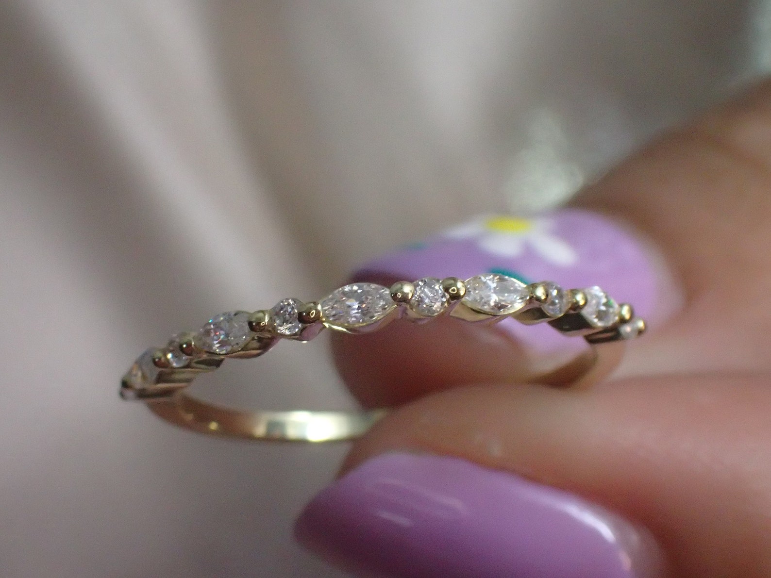 Vintage Moissanite Wedding Band, Marquise Cut Half Eternity Stacking Ring, Art Deco Moissanite Wedding Ring, Delicate Marquise Ring