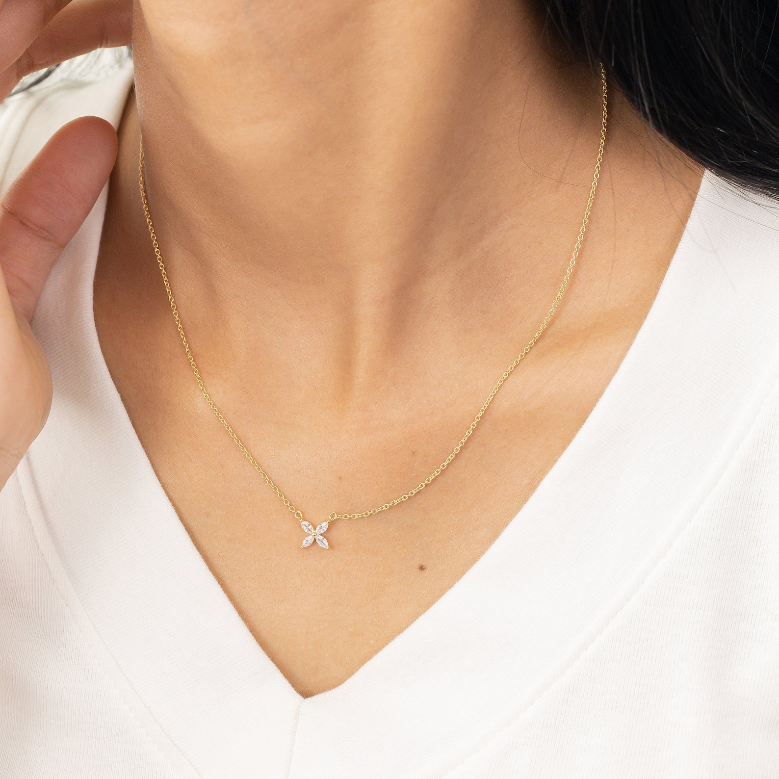 Marquise Cut Moissanite Flower Necklace, Sterling Silver Dainty Flower Pendant, Adjustable Layering Necklace, Minimalist Bridal Necklace