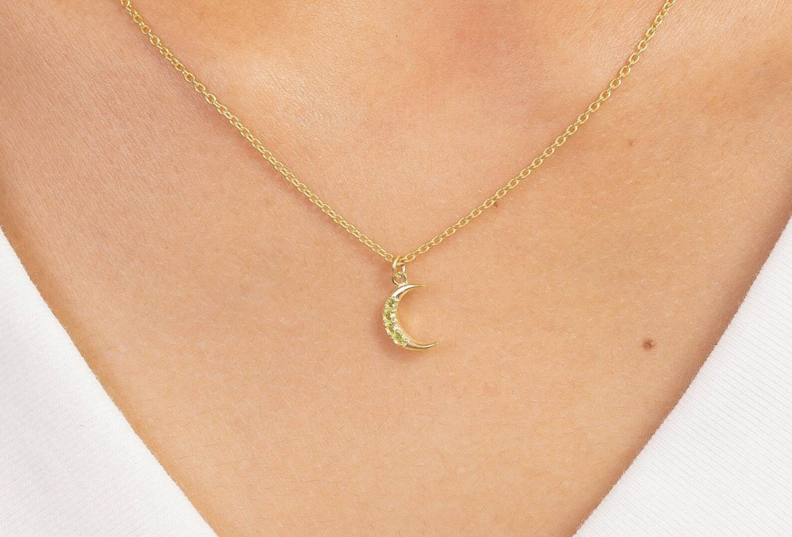 Crescent Moon Peridot Necklace, August Birthstone Necklace, Unique Necklace Gift for Women, Crescent Charm