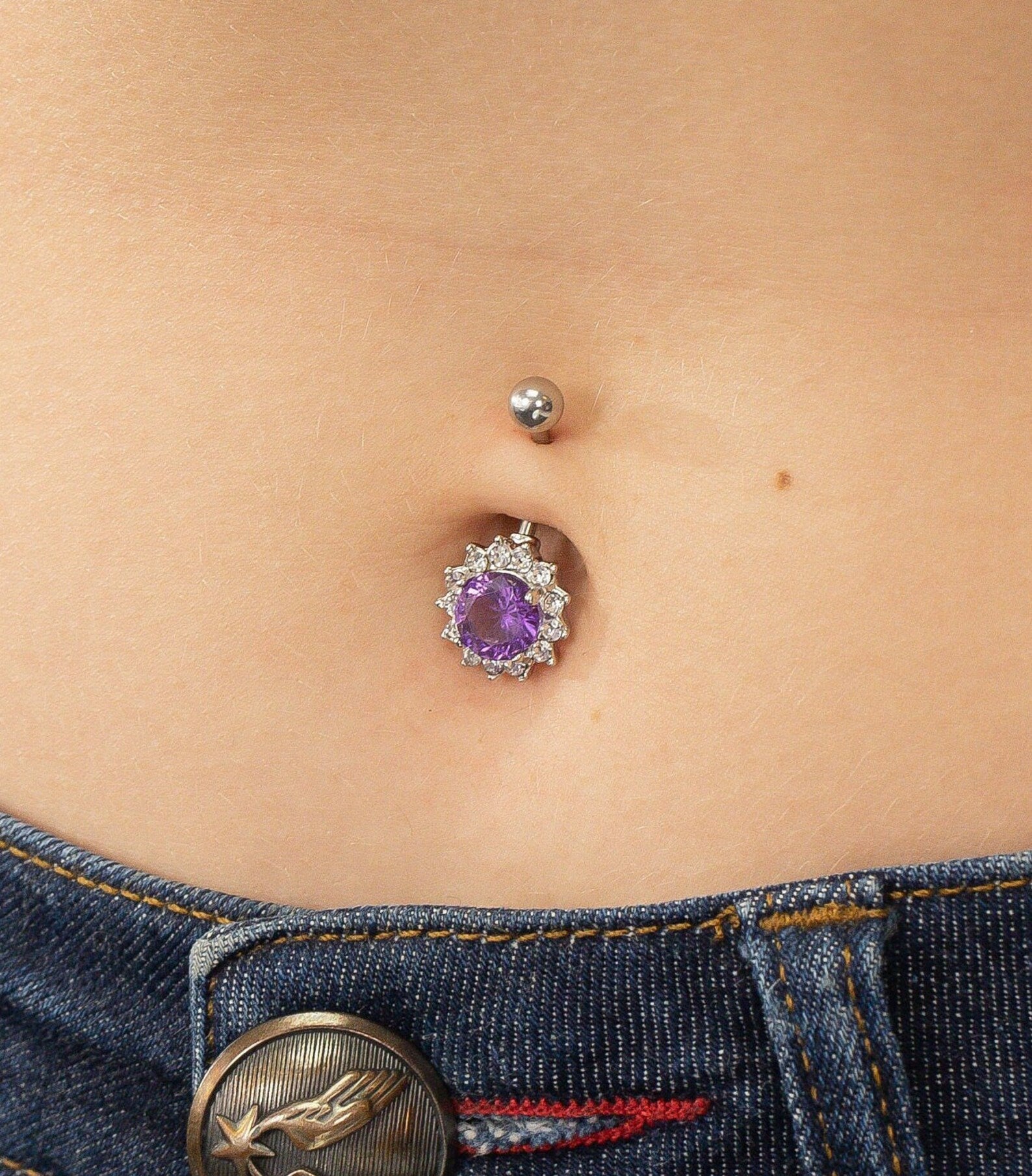 Amethyst Belly Button Ring, Body Jewelry, February Birthstones Gift, Navel Body Piercing Jewelry, Curved Barbell Belly Ring