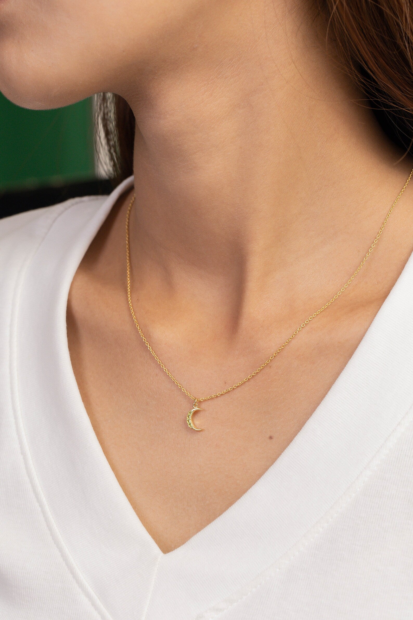 Crescent Moon Peridot Necklace, August Birthstone Necklace, Unique Necklace Gift for Women, Crescent Charm