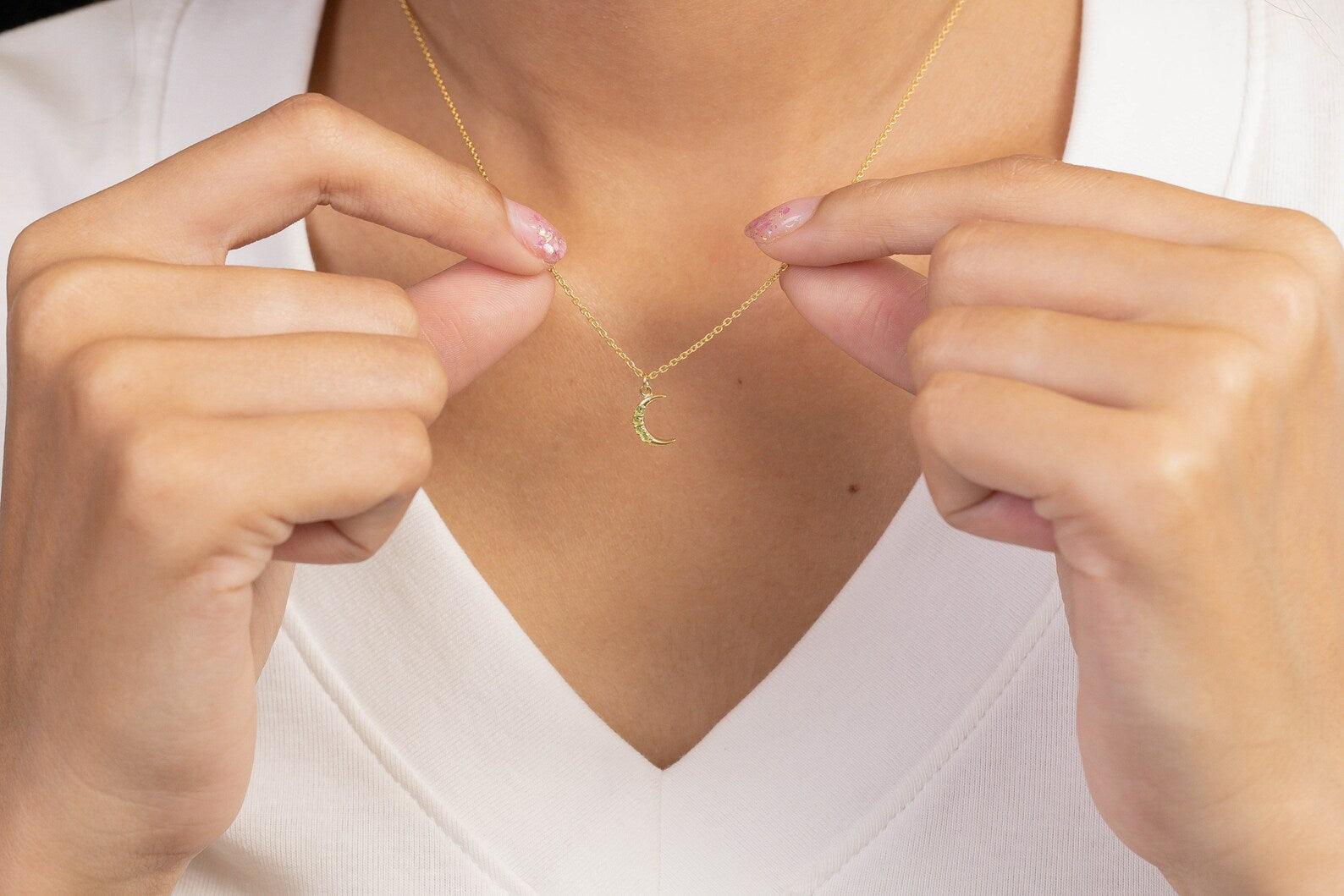 Crescent Moon Peridot Necklace, August Birthstone Necklace, Unique Necklace Gift for Women, Crescent Charm