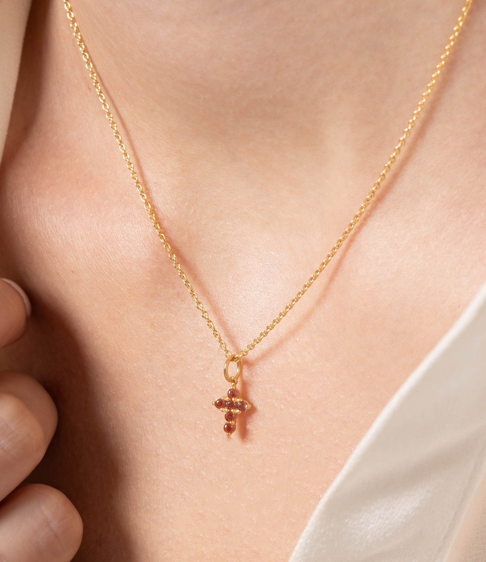 Garnet Necklace / Tiny Cross Pendant for Women / January Birthstone Necklace / Religious Necklace Gift / Mother's Day Gift