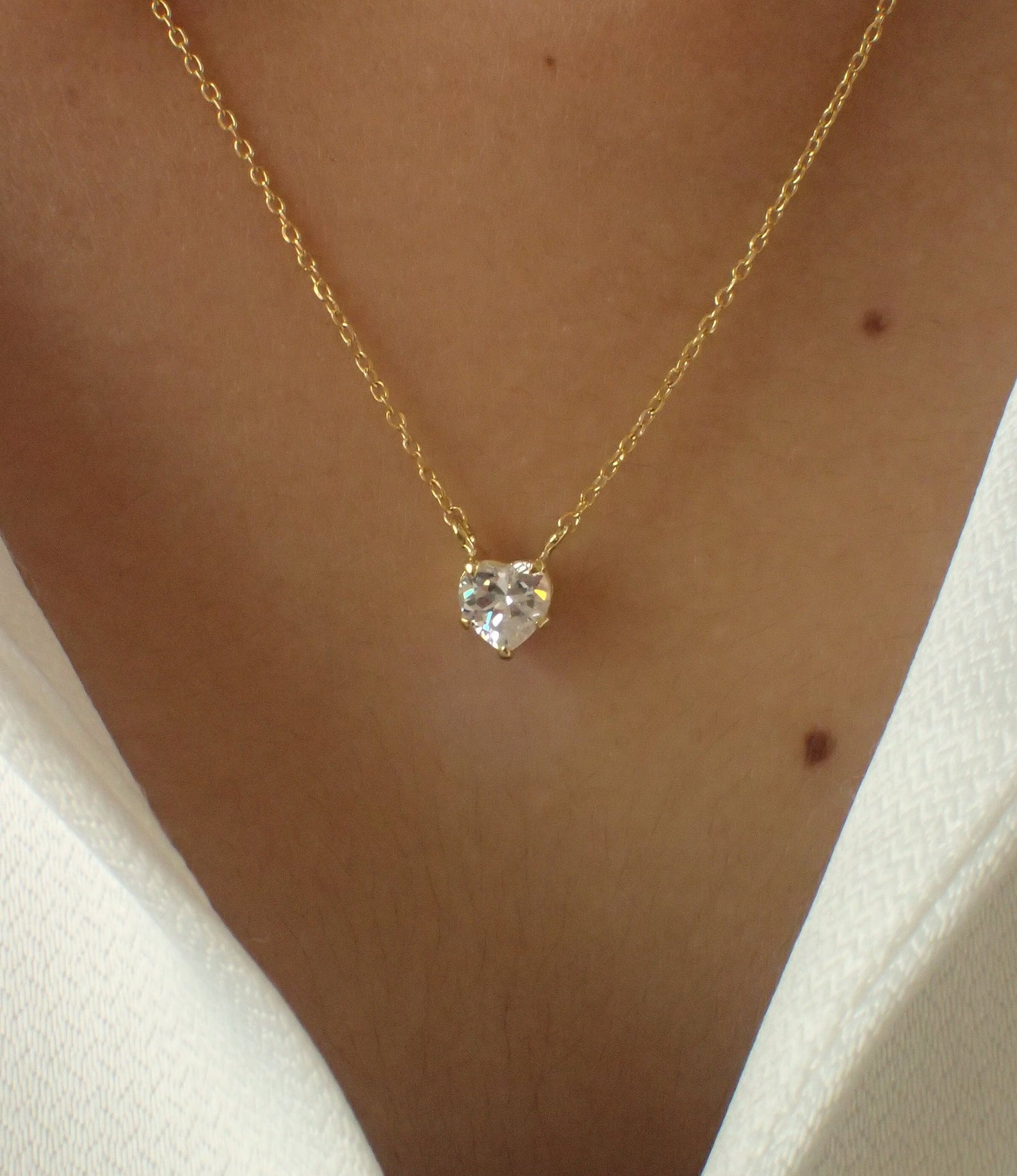 Dainty Heart Necklace / Diamond Prong Set Necklace / Sterling Silver Solitaire Heart Charm / Layering Necklace