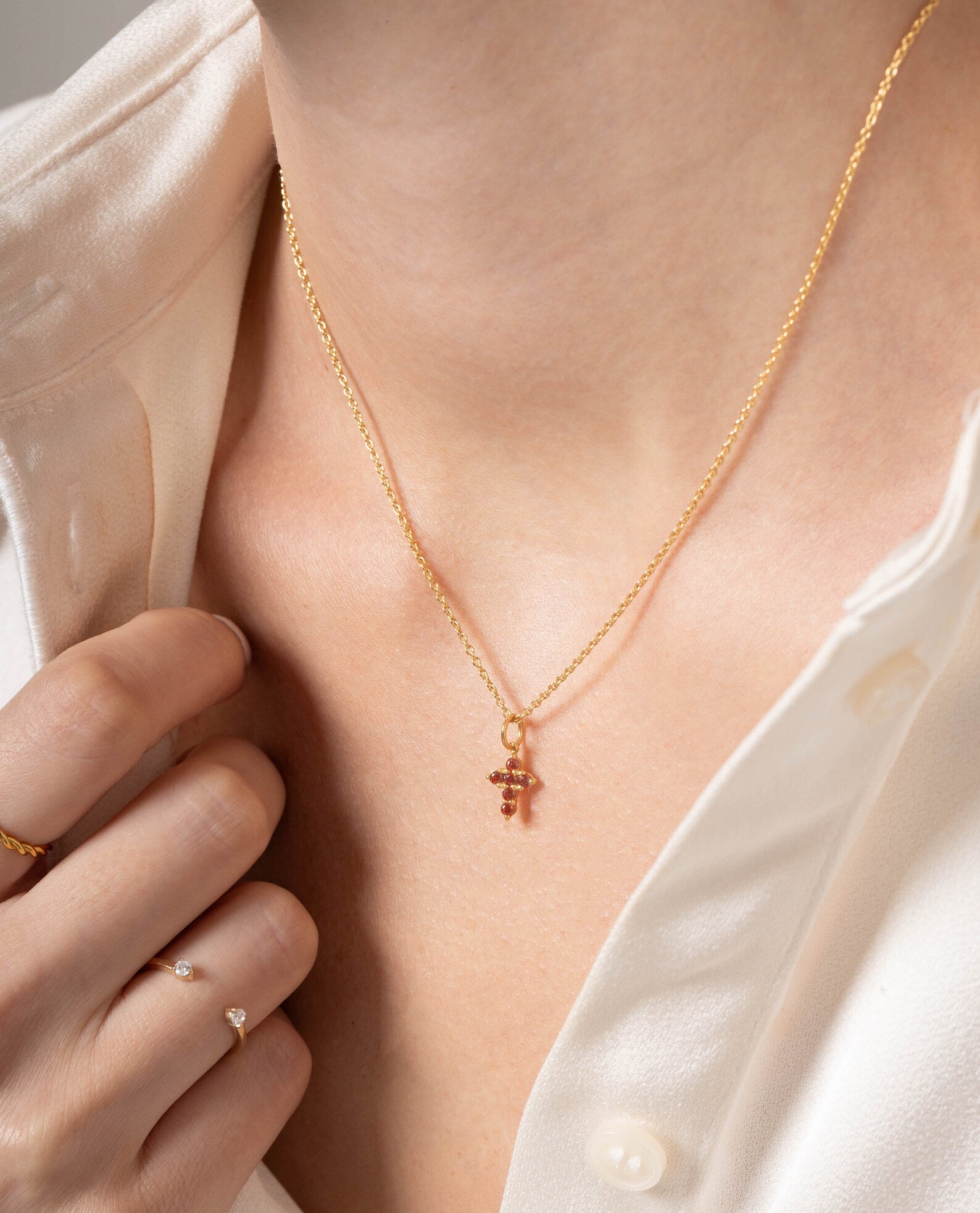 Garnet Necklace / Tiny Cross Pendant for Women / January Birthstone Necklace / Religious Necklace Gift / Mother's Day Gift