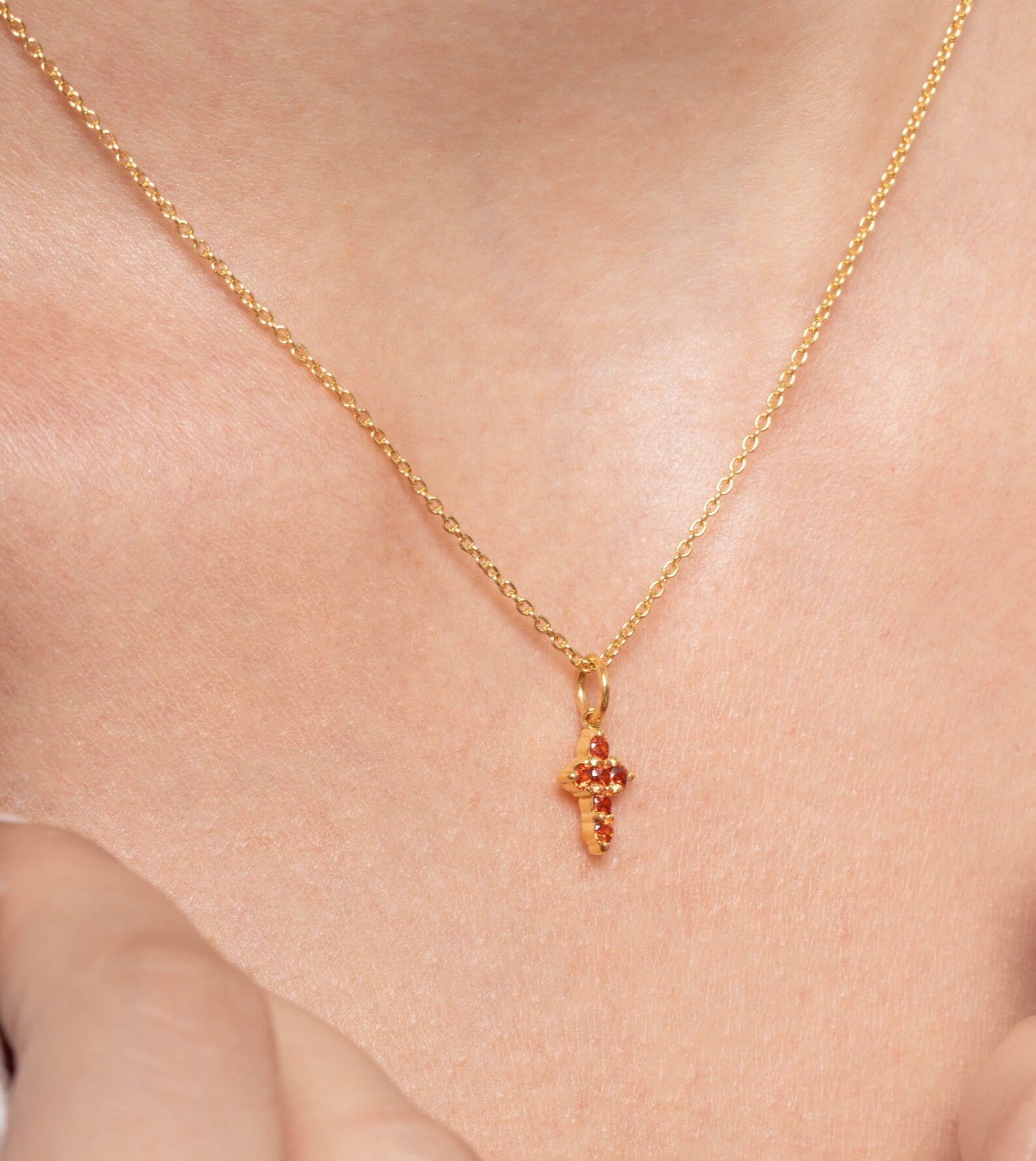 Garnet Necklace / Tiny Cross Pendant for Women / January Birthstone Necklace / Religious Necklace Gift / Mother's Day Gift