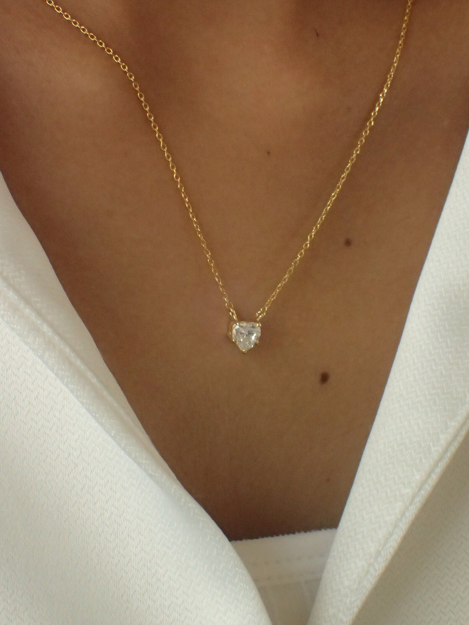 Dainty Heart Necklace / Diamond Prong Set Necklace / Sterling Silver Solitaire Heart Charm / Layering Necklace