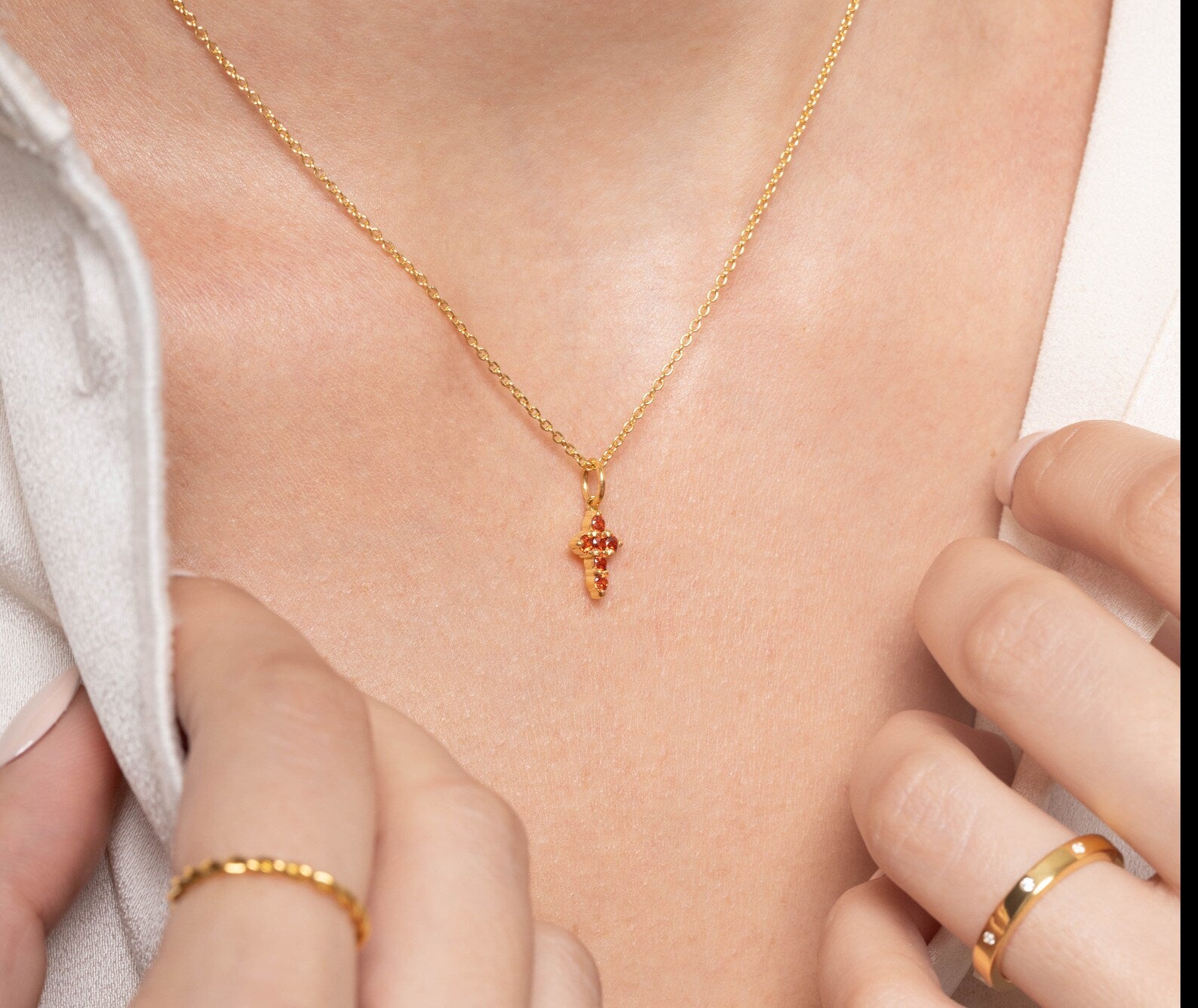 Garnet Necklace / Tiny Cross Pendant for Women / January Birthstone Necklace / Religious Necklace Gift / Mother's Day Gift