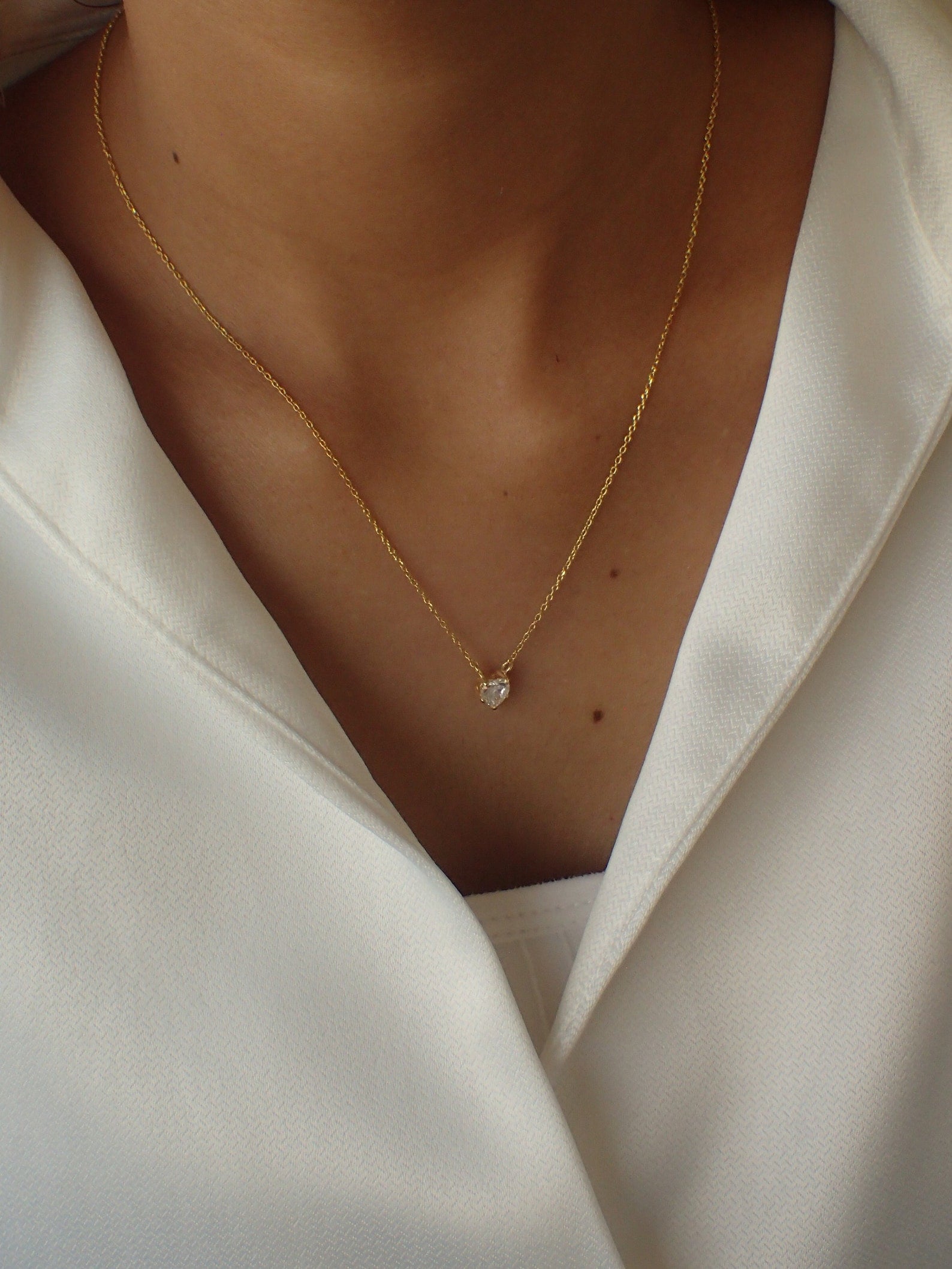 Dainty Heart Necklace / Diamond Prong Set Necklace / Sterling Silver Solitaire Heart Charm / Layering Necklace