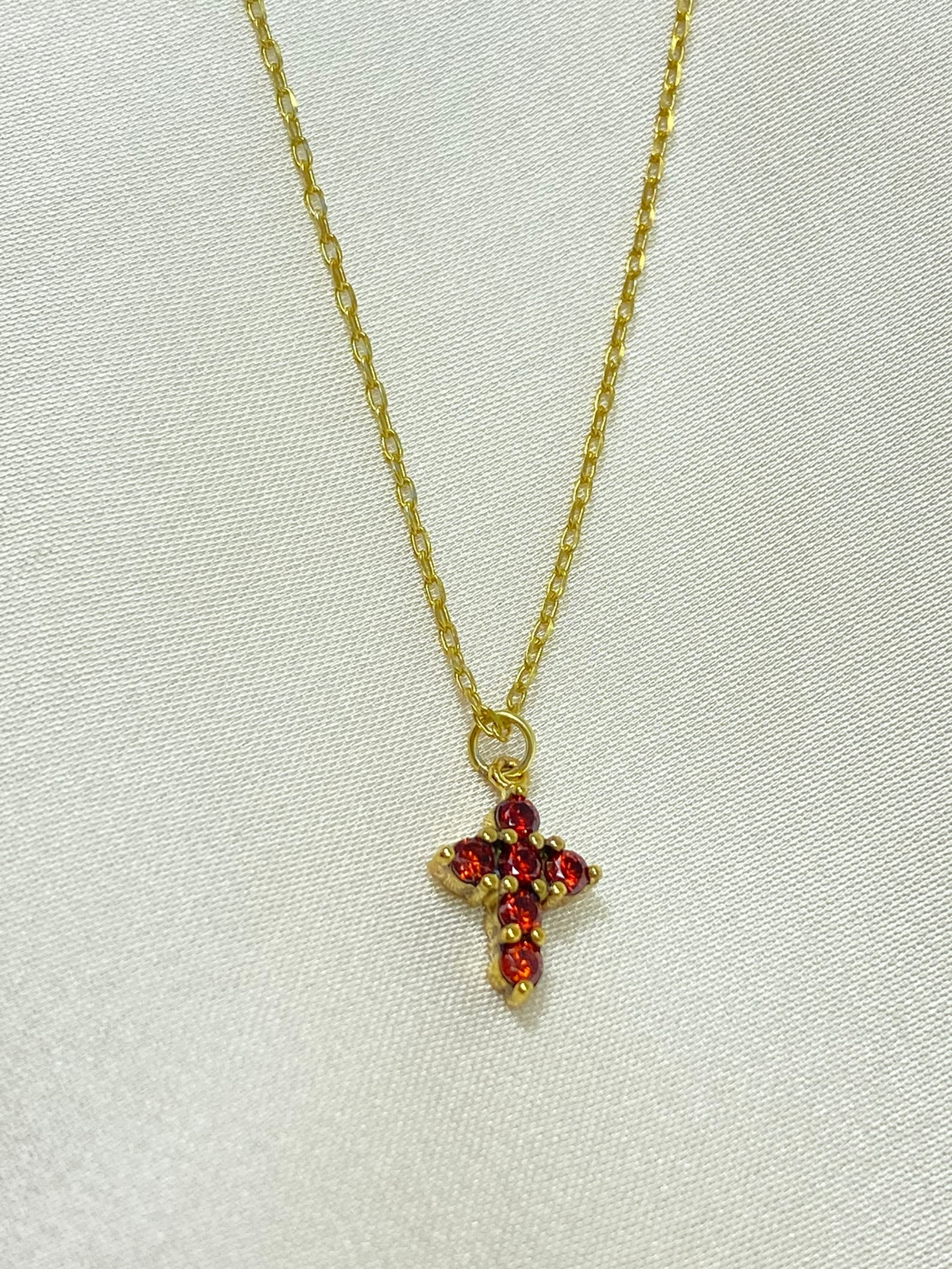 Garnet Necklace / Tiny Cross Pendant for Women / January Birthstone Necklace / Religious Necklace Gift / Mother's Day Gift
