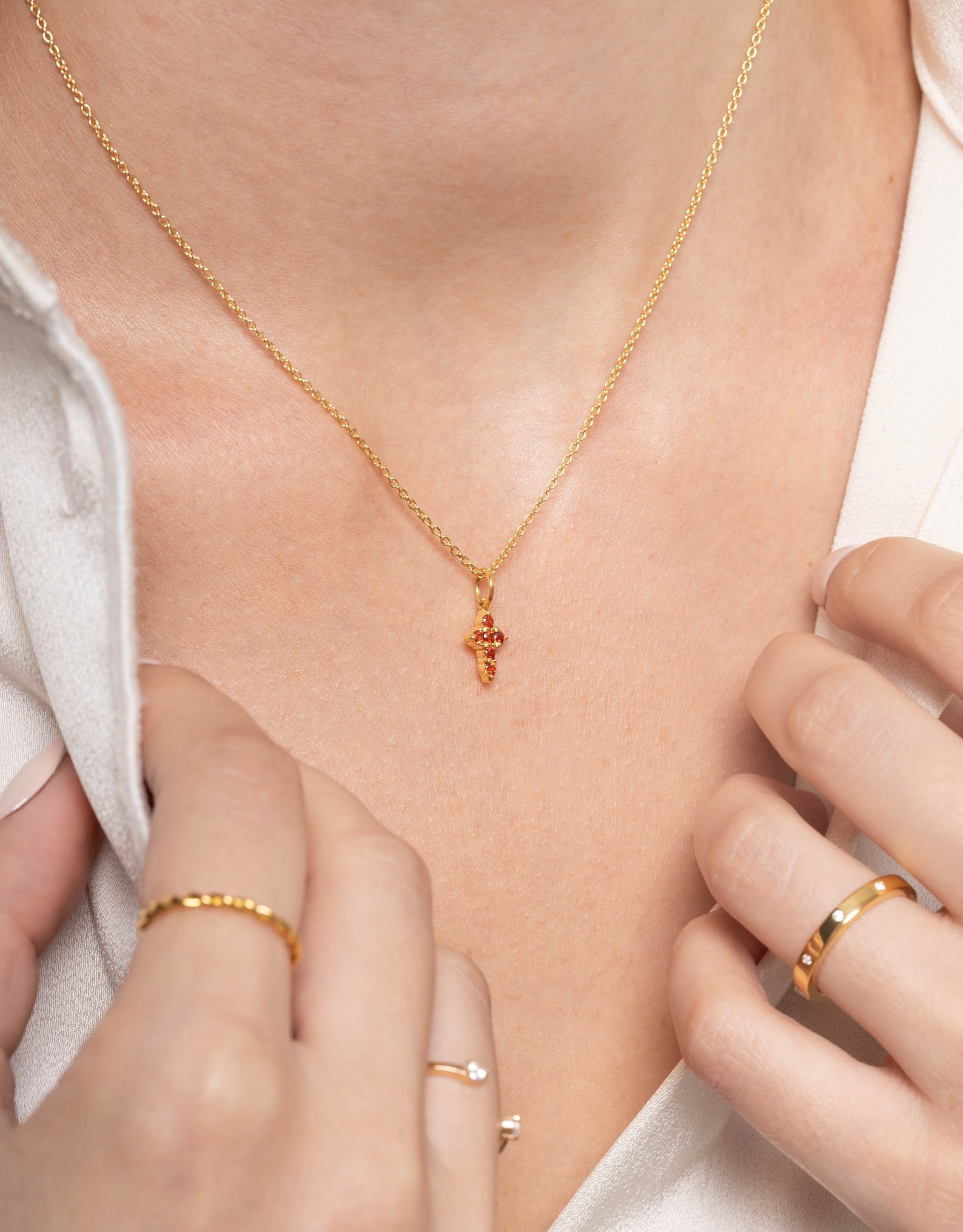 Garnet Necklace / Tiny Cross Pendant for Women / January Birthstone Necklace / Religious Necklace Gift / Mother's Day Gift