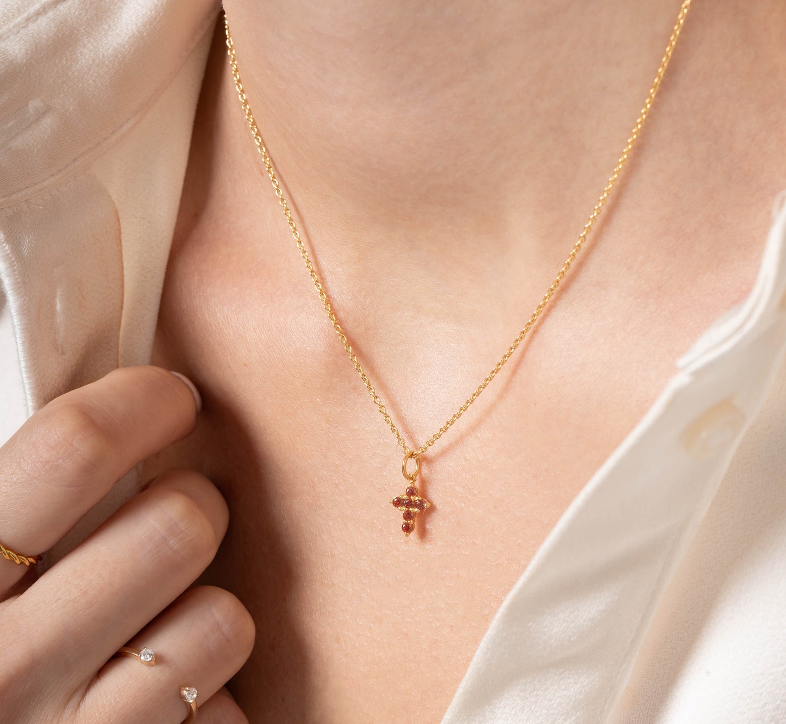 Garnet Necklace / Tiny Cross Pendant for Women / January Birthstone Necklace / Religious Necklace Gift / Mother's Day Gift