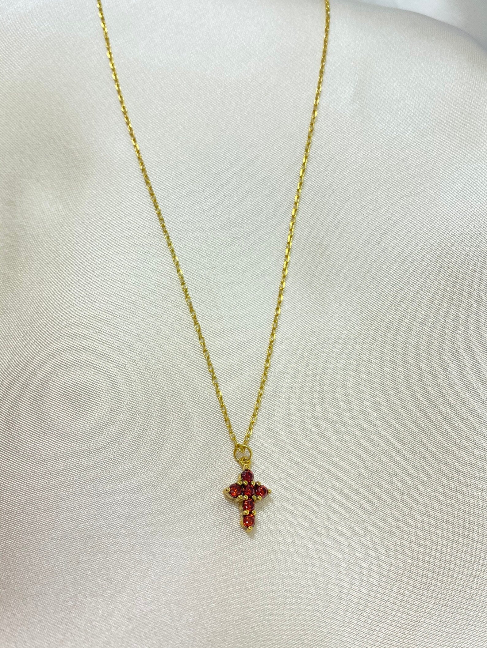 Garnet Necklace / Tiny Cross Pendant for Women / January Birthstone Necklace / Religious Necklace Gift / Mother's Day Gift