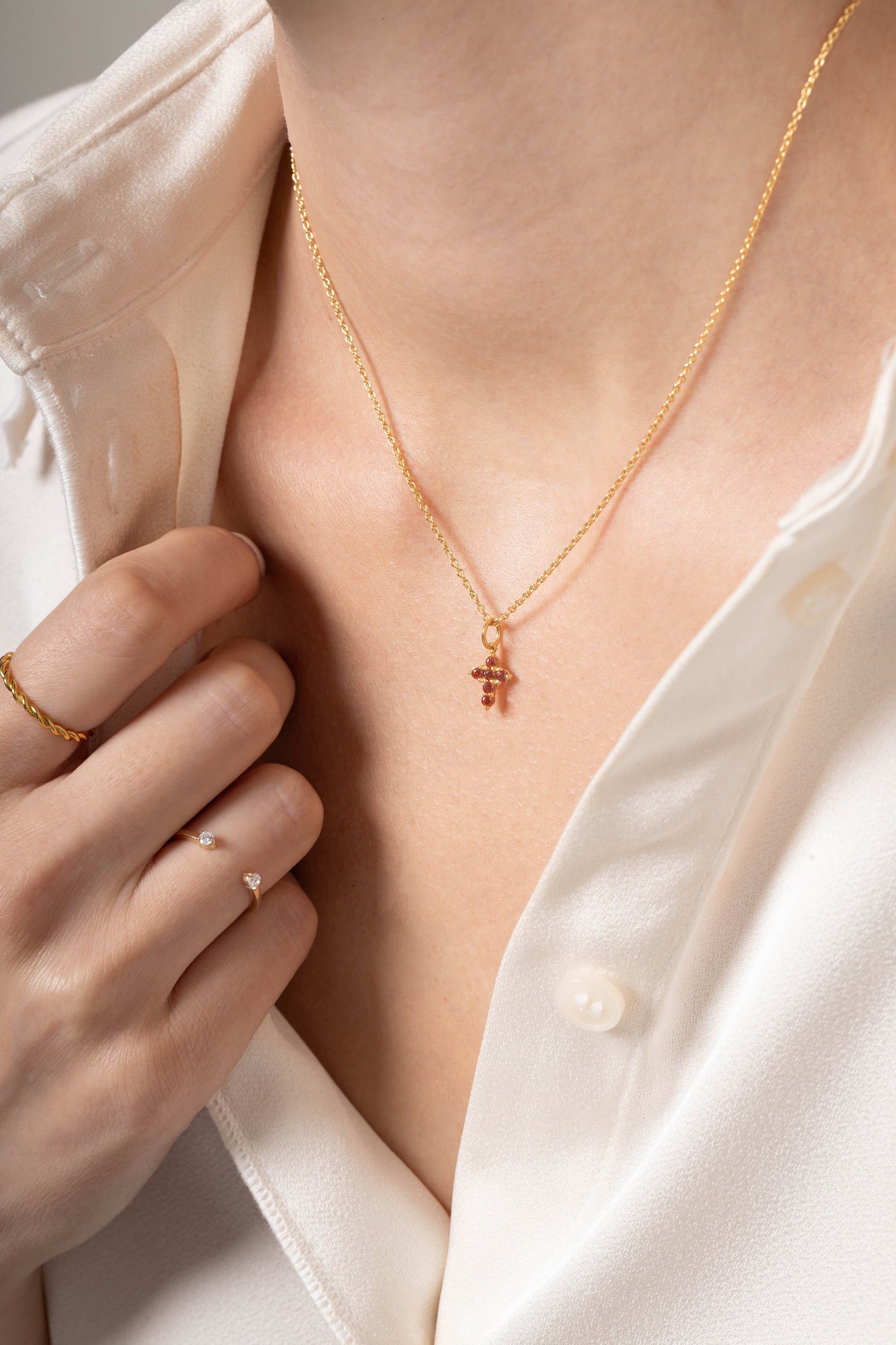 Garnet Necklace / Tiny Cross Pendant for Women / January Birthstone Necklace / Religious Necklace Gift / Mother's Day Gift