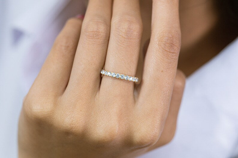 French Pave Diamond Wedding Band, Full Eternity Wedding Band, Delicate Stackable Diamond Ring, Anniversary Ring