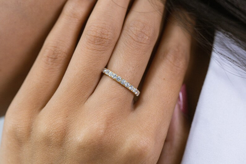 French Pave Diamond Wedding Band, Full Eternity Wedding Band, Delicate Stackable Diamond Ring, Anniversary Ring