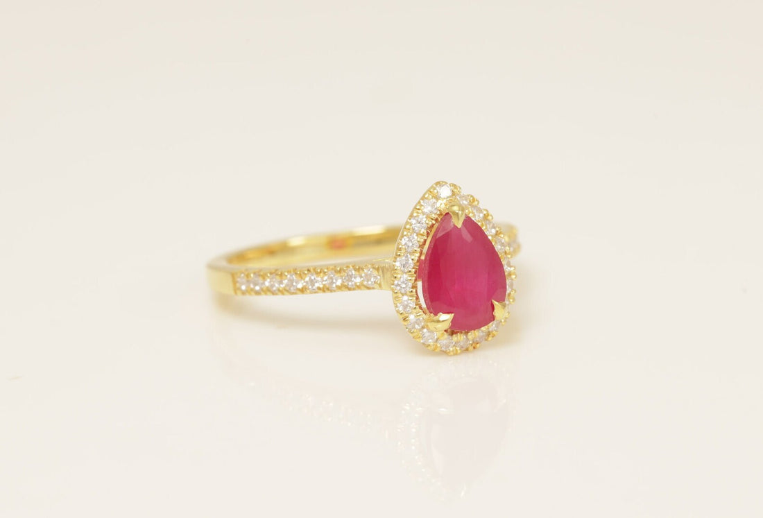 1.25 CT Diamond Halo Ruby Engagement Ring, July Birthstone Ring, Pear Shape Ruby Wedding Ring, Unique Promise Ring, Anniversary Ring