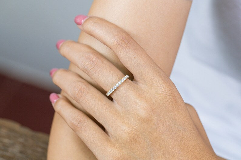 French Pave Diamond Wedding Band, Full Eternity Wedding Band, Delicate Stackable Diamond Ring, Anniversary Ring