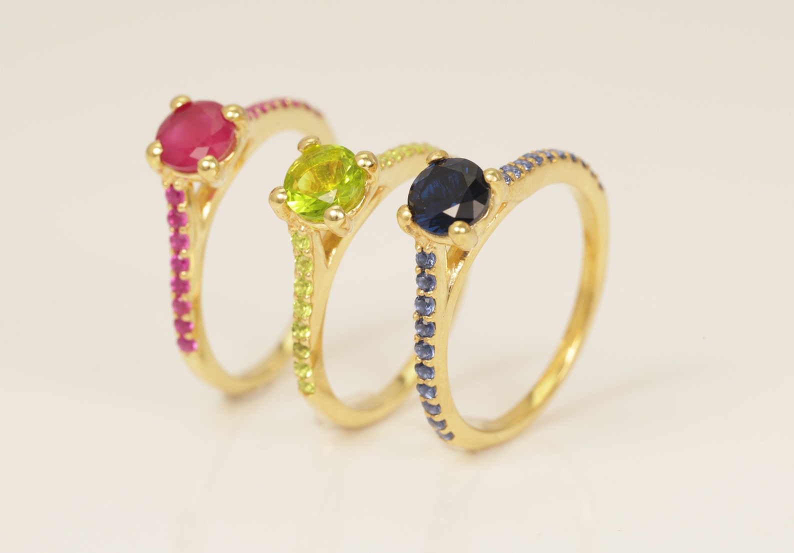 Cathedral Set Gemstones Engagement Ring, Gemstone Wedding Ring, Birthstone Ring, Bridal Promise Ring, Anniversary Gift