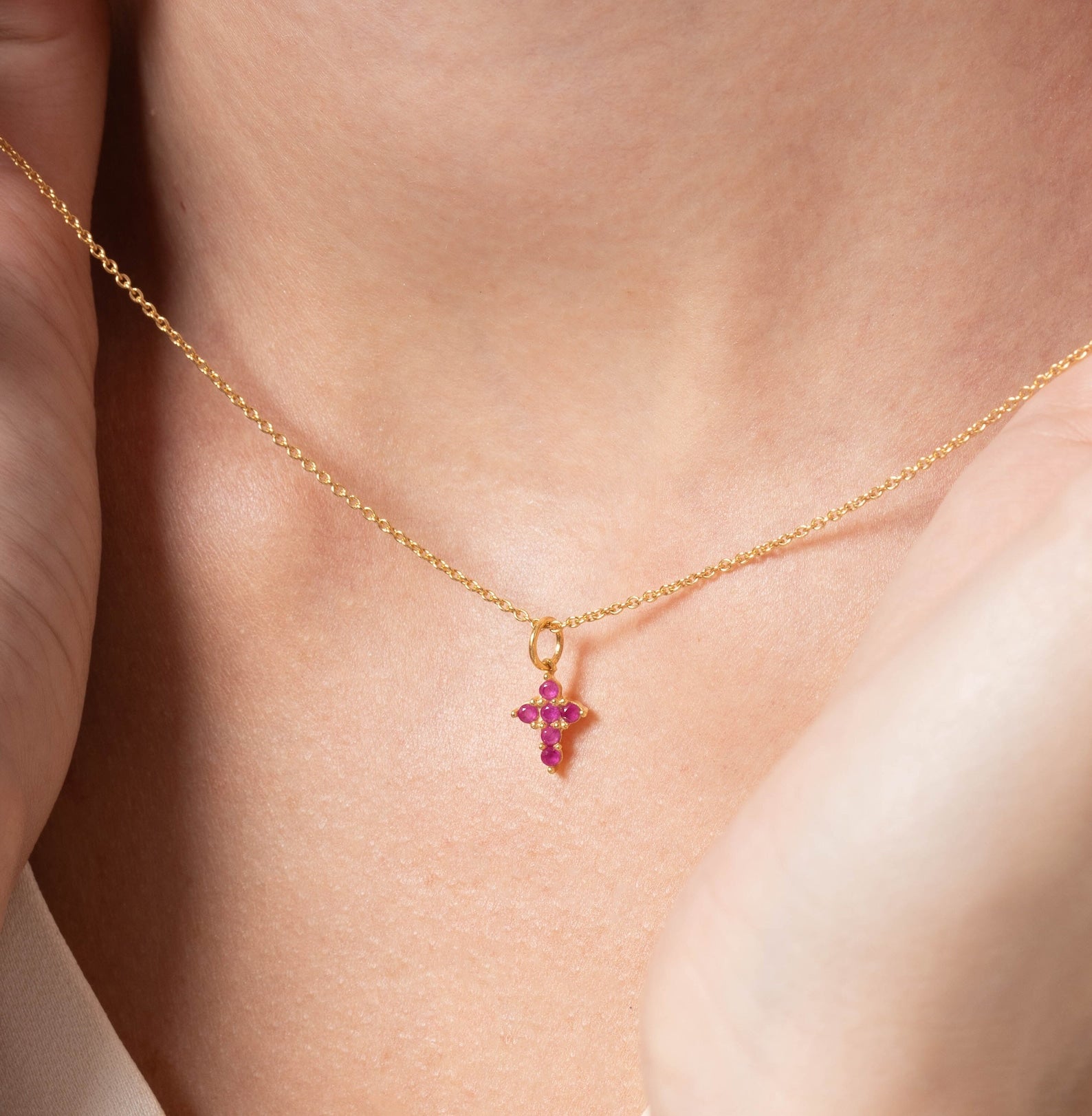 Ruby Necklace / Tiny Cross Pendant for Women / July Birthstone Necklace / Religious Necklace Gift