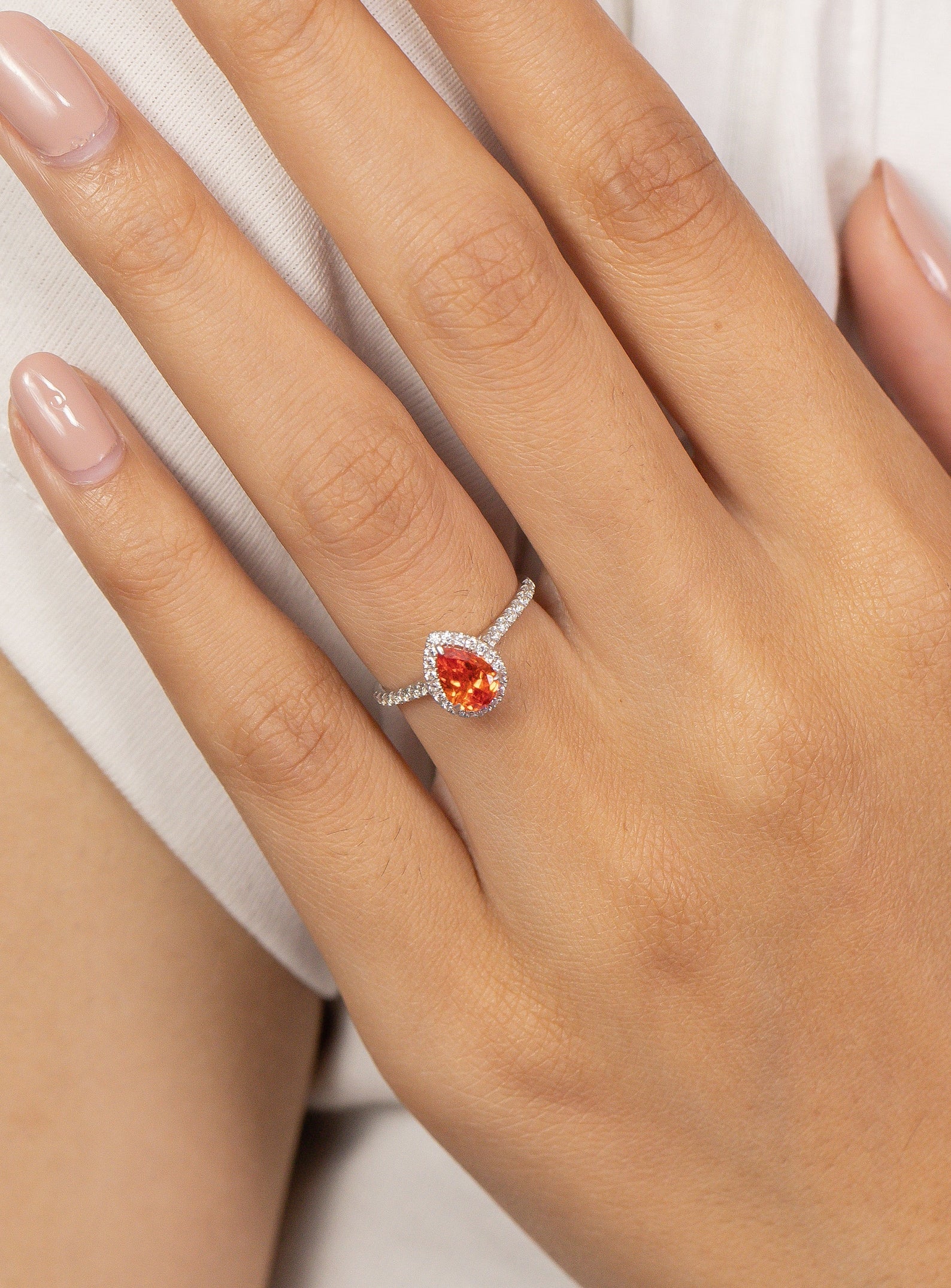 Pear Shaped Orange sapphire Engagement Ring, September Birthstone Ring, Halo Classic Ring, Vintage Anniversary Gift for Women