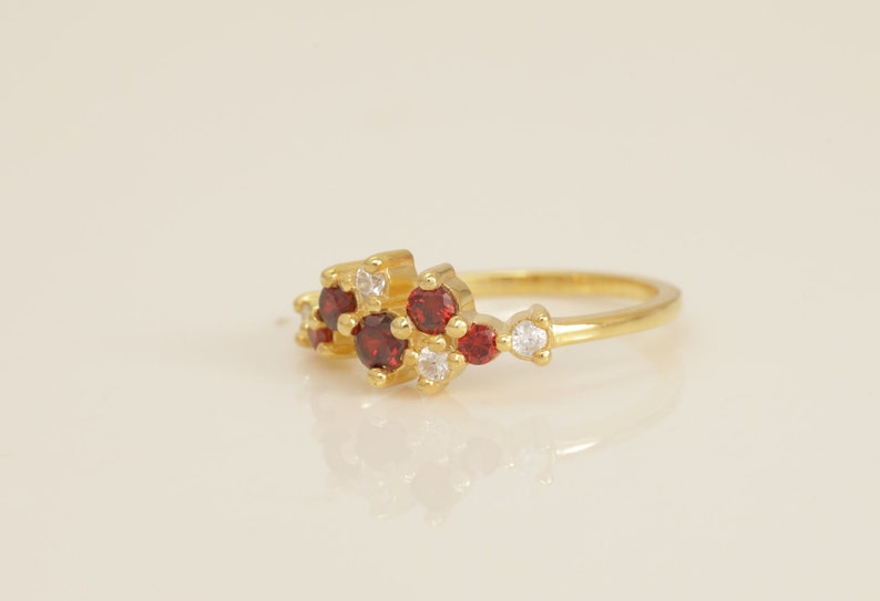 Garnet Cluster Wedding Ring, Diamond Cluster Ring, Unique Garnet Stackable Ring, Minimalist Ring, Gift for Her