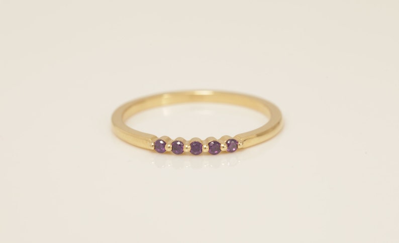 Five Stones Single Prong Amethyst Wedding Band, February Birthstone Ring, Classic Wedding Ring for Women, Dainty Stacking Ring